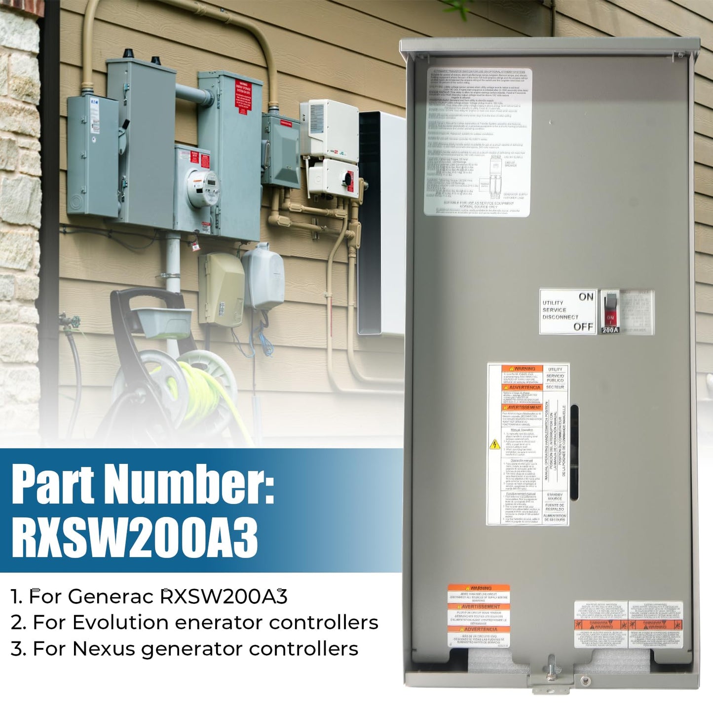 200 Amp Automatic Transfer Switch Replacement for Generac RXSW200A3 - Service Entrance Rated - NEMA 3R Outdoor Aluminum Enclosure - Compatible with Evolution or Nexus Controllers