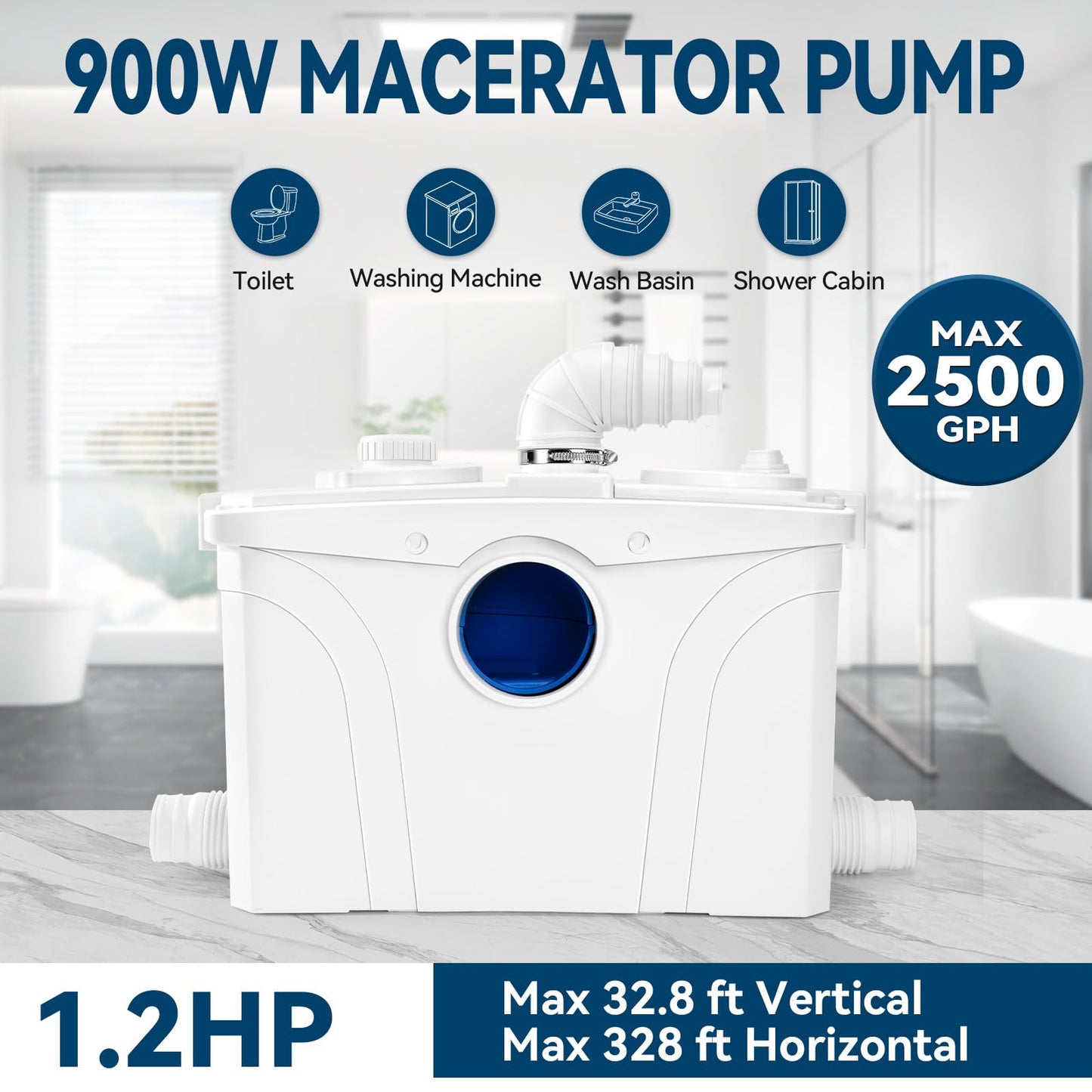 1.2HP Macerator Pump with PCB Function Toilet Pump Utility Sink Pump Upflush to 32.8FT 2500GPH Macerating Toilet System with 4 Water Inlets 1 Outlets for Toilet Sink Shower Laundry Kitchen Basement