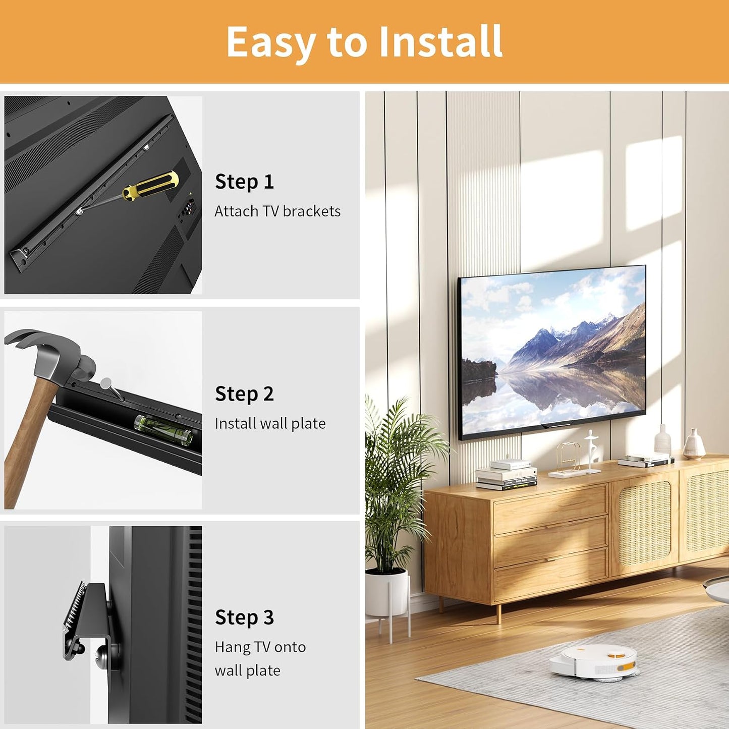 KAMIWI 3275 Inch 600x400mm 150 lbs, Studless TV Wall Mount for TVs, No Drill Drywall TV Mount, Max VESA up to No