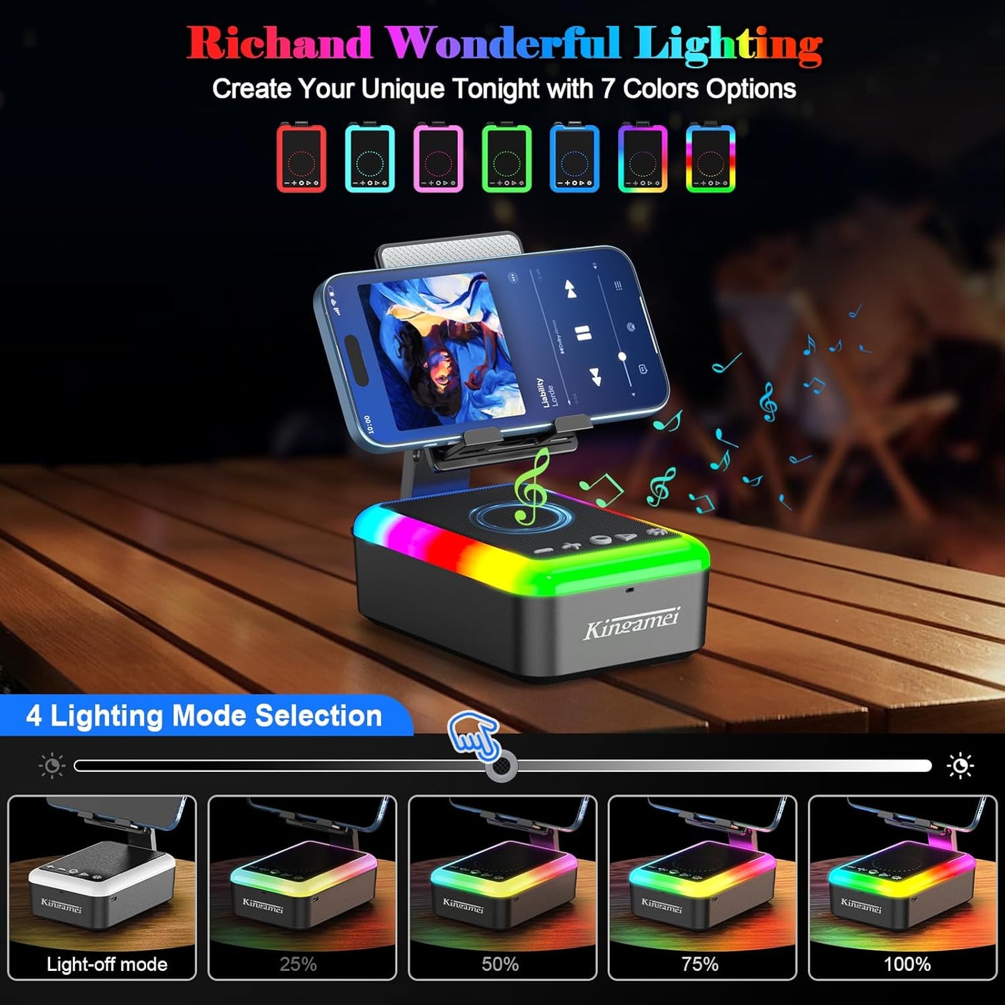Kingamei 3-in-1 5.3 Cell Phone Stand with Bluetooth Speaker, RGB Colorful Light Desk Phone Holder, Foldable Cool Tech