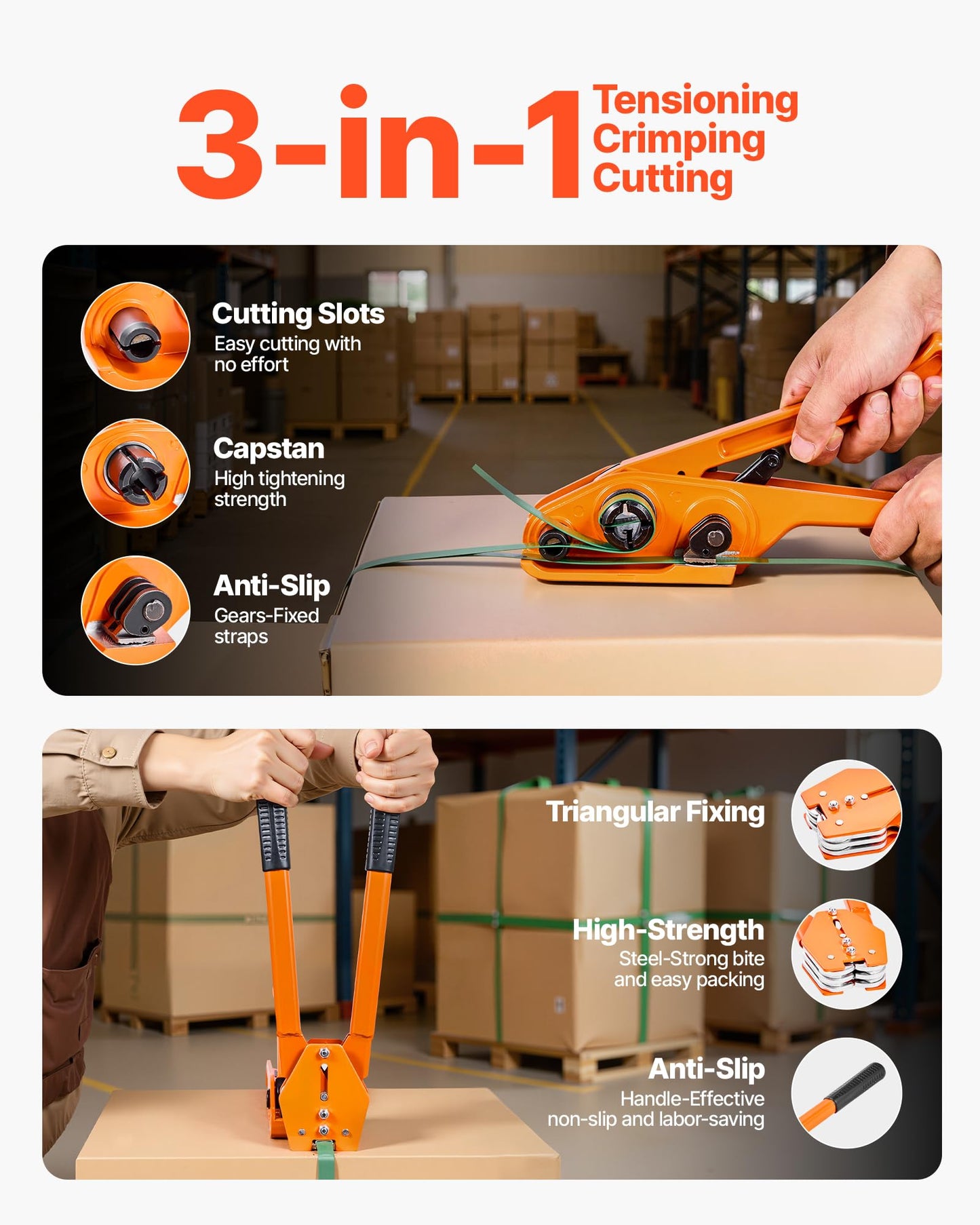 VEVOR Banding Strapping Kit, Heavy Duty Banding Sealer Tool with 1000 ft Length PET Band, 300 Metal Seals, Plastic Manual Pallet Packaging Strapping Kit for Warehouse/Shipping/Moving/Home, Orange