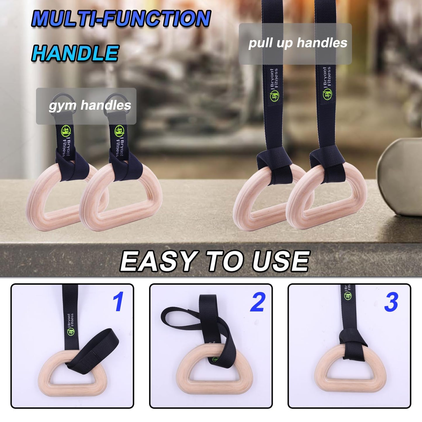 J Bryant Fitness Wooden Gymnastic Rings - Pull Up Grips & LAT Pull Down Gym Handles Design, Sturdy Webbing Straps with D-Rings, Pilates, Strength Training, and Portable Fitness - Includes Carry Bag
