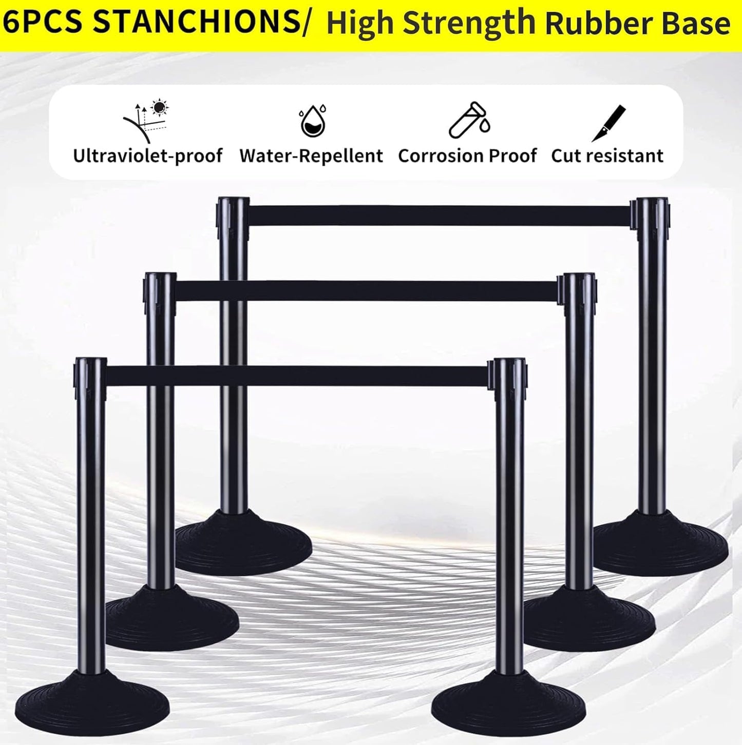 6PACK BESEA Crowd Control Stanchions Set Heavy Duty Crowd Control Barriers with 10' FEET Black Retractable Belt, Rubber Base(6PACK)