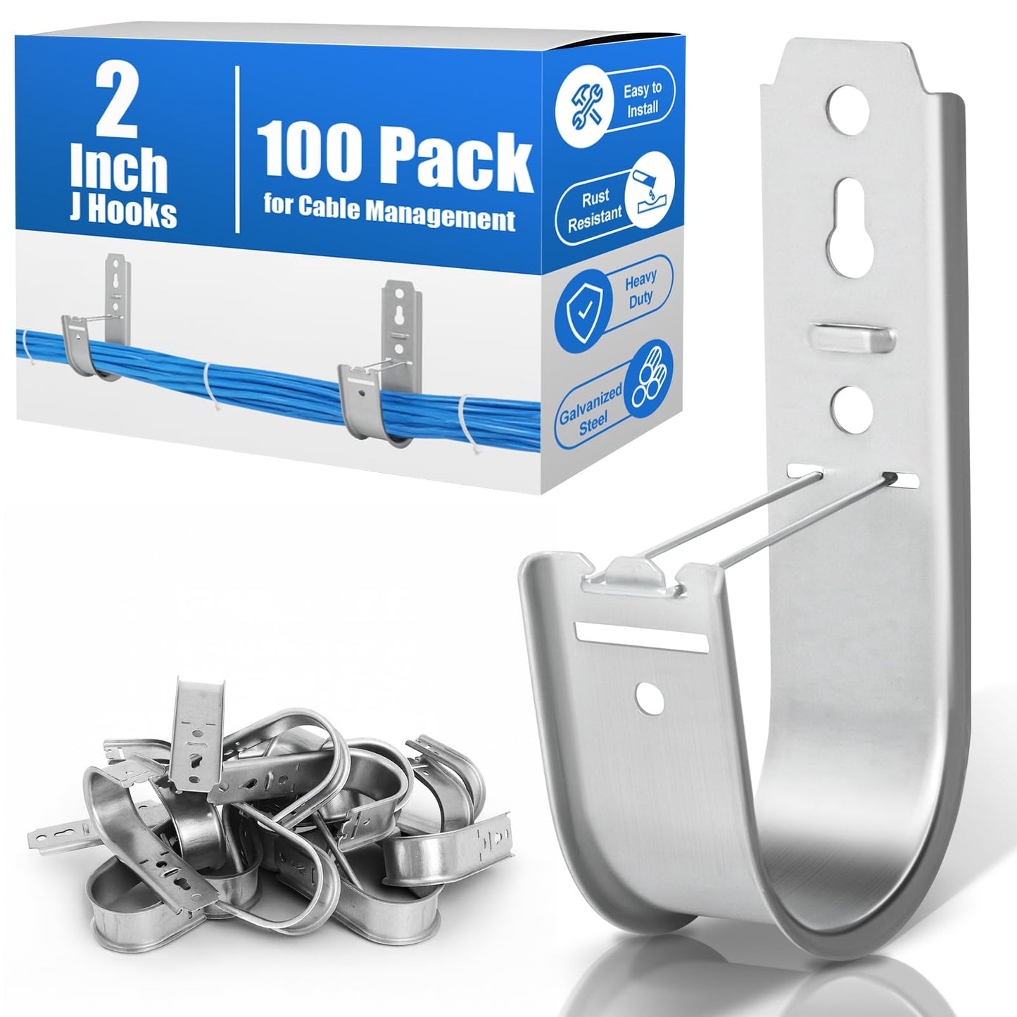 Podoy 2 Inch J Hooks for Cabling 100 Pack Cable Support Management Hook with Retainer Clips, Rust-Resistant Wall/Ceiling-Mount J Hooks for Hanging Data Center, Conduit & Network (Indoor/Outdoor)