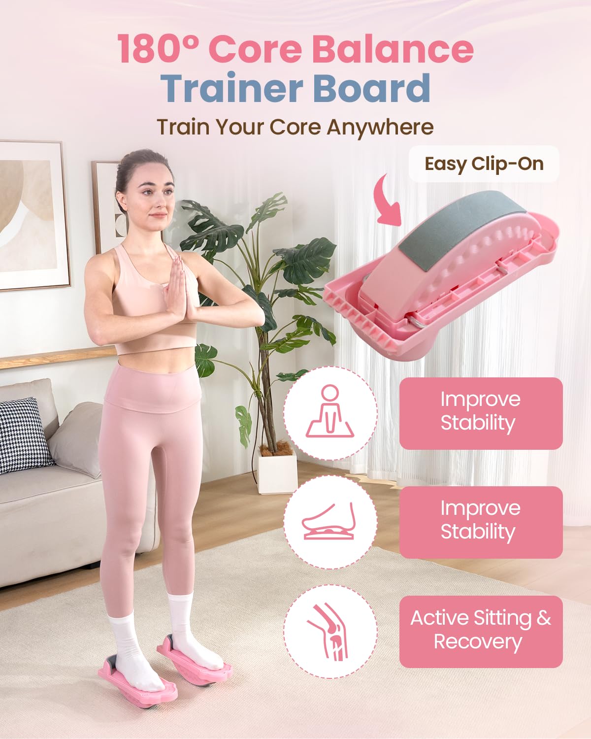 kisnbld 3-in-1 Slant Board & Calf Stretcher, 12-Level Adjustable Incline Board with Integrated Foot Massager & Resistance Bands, Calf Stretch Board for Pain Relief & Balance Exercise Trainer, Pink