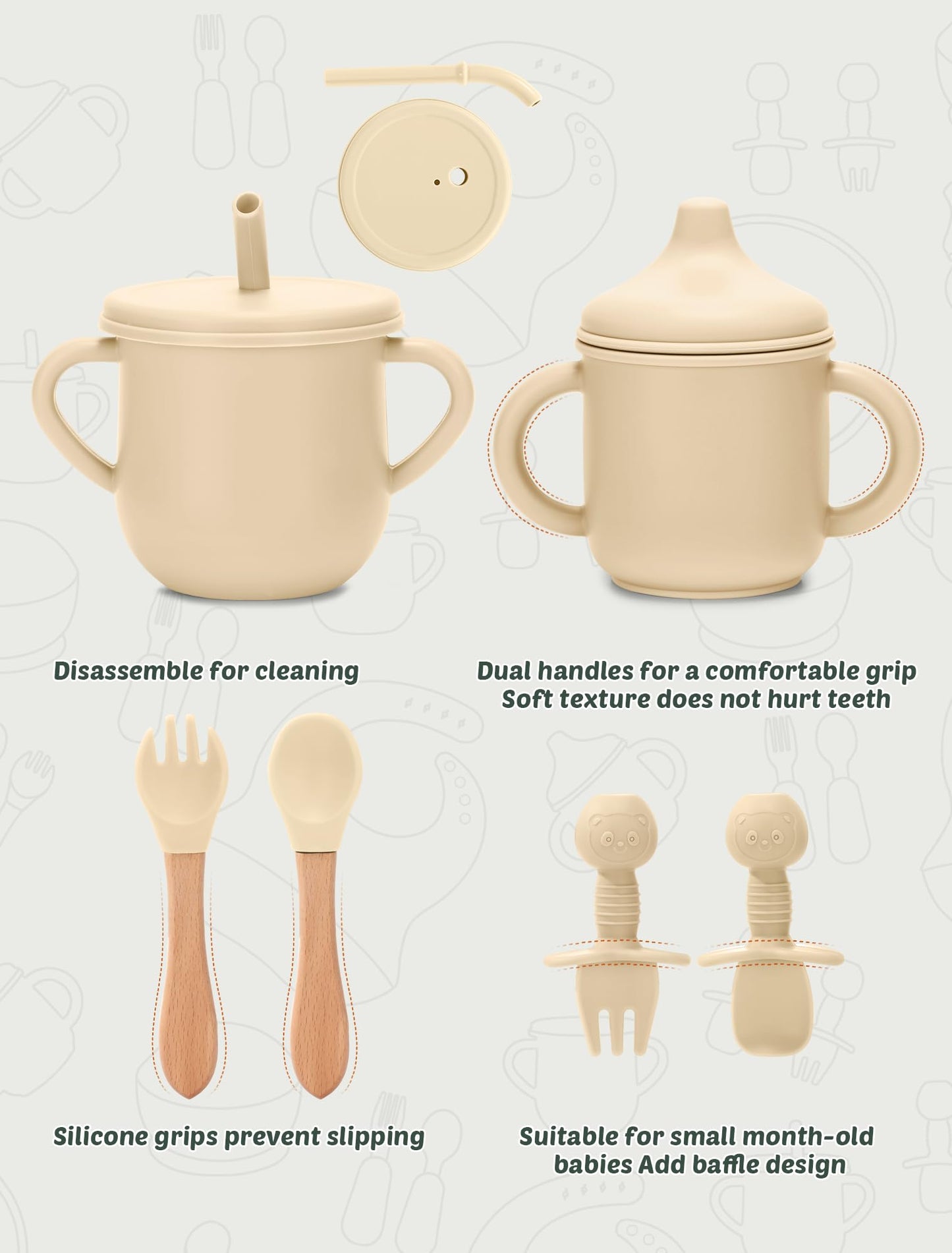JELLDJK Silicone Baby Feeding Set 9 Pcs, Spill-Proof Suction Plate, Bowl, Bib, Silicone spoon&forks, Wooden Spoons&forks, Training cup with straw and Sippy Cup, Baby Eating Utensils (Beige)