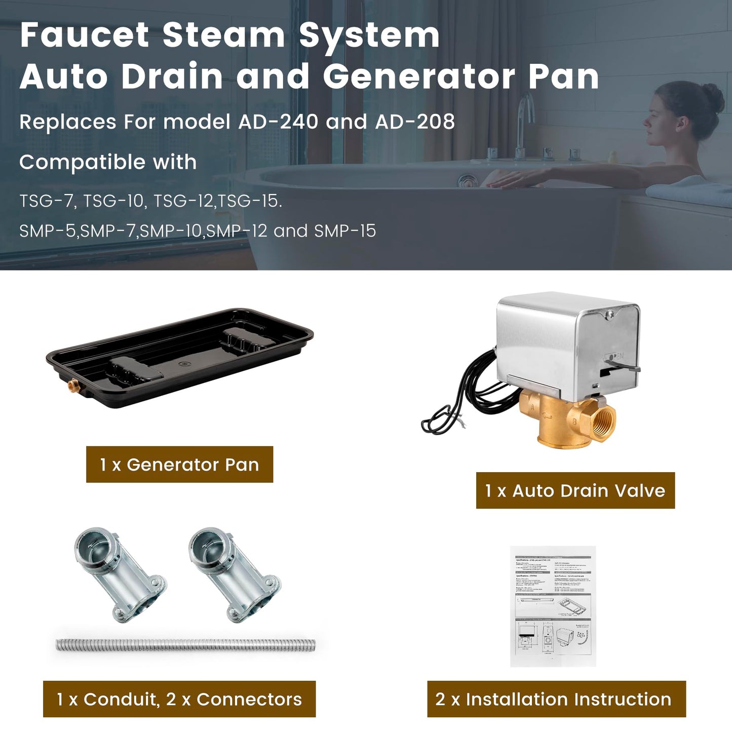 Faucet Steam System Steam Generator Auto Drain and Generator Pan for Use with 240v Generators, Steam System Automatic Purge Drain with Motorized Ball Valve for model AD-240, 5GA-PAD-240