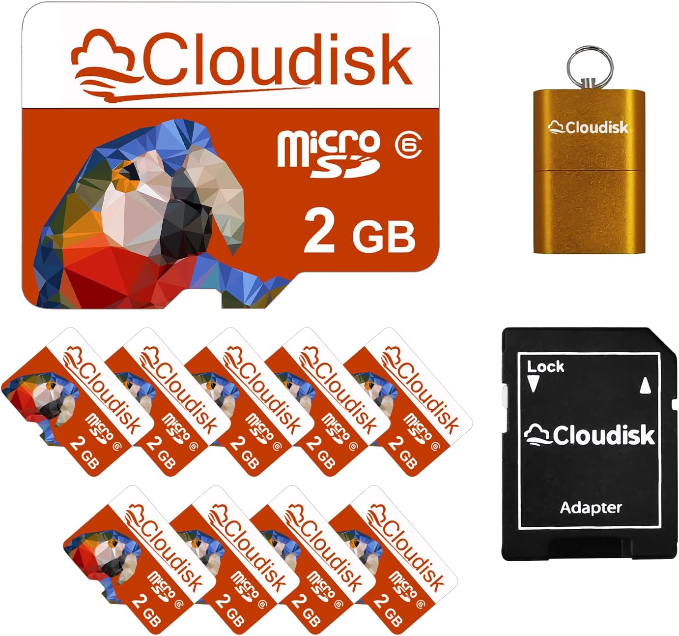 Cloudisk Pack 10 2GB C6 (2GB) of Parrot-Prime Micro SD Card Flash Memory Card with SD Adapter, Card Reader