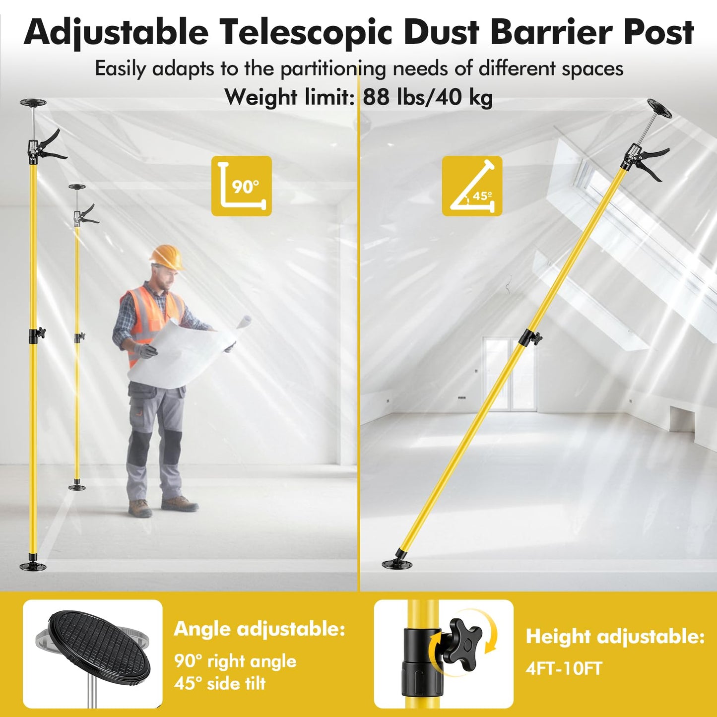 4PK Dust Barrier Poles,10FT Dust Barrier Poles Kit,Adjustable Dust Containment Pole with 2 Heavy-Duty Zippers Spring Retractable Wall Poles for Renovation & Construction Renovation-Yellow