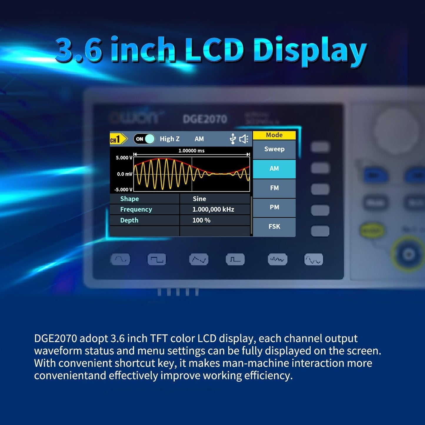 OWON DGE2070 70MHz Dual Channel Arbitrary Waveform Generator, 300MSa/s Sampling Rate, 14-Bit Resolution, 150 Built-in Waveforms, 3.6” LCD, Portable Signal Generator for Lab & Electronics Testing