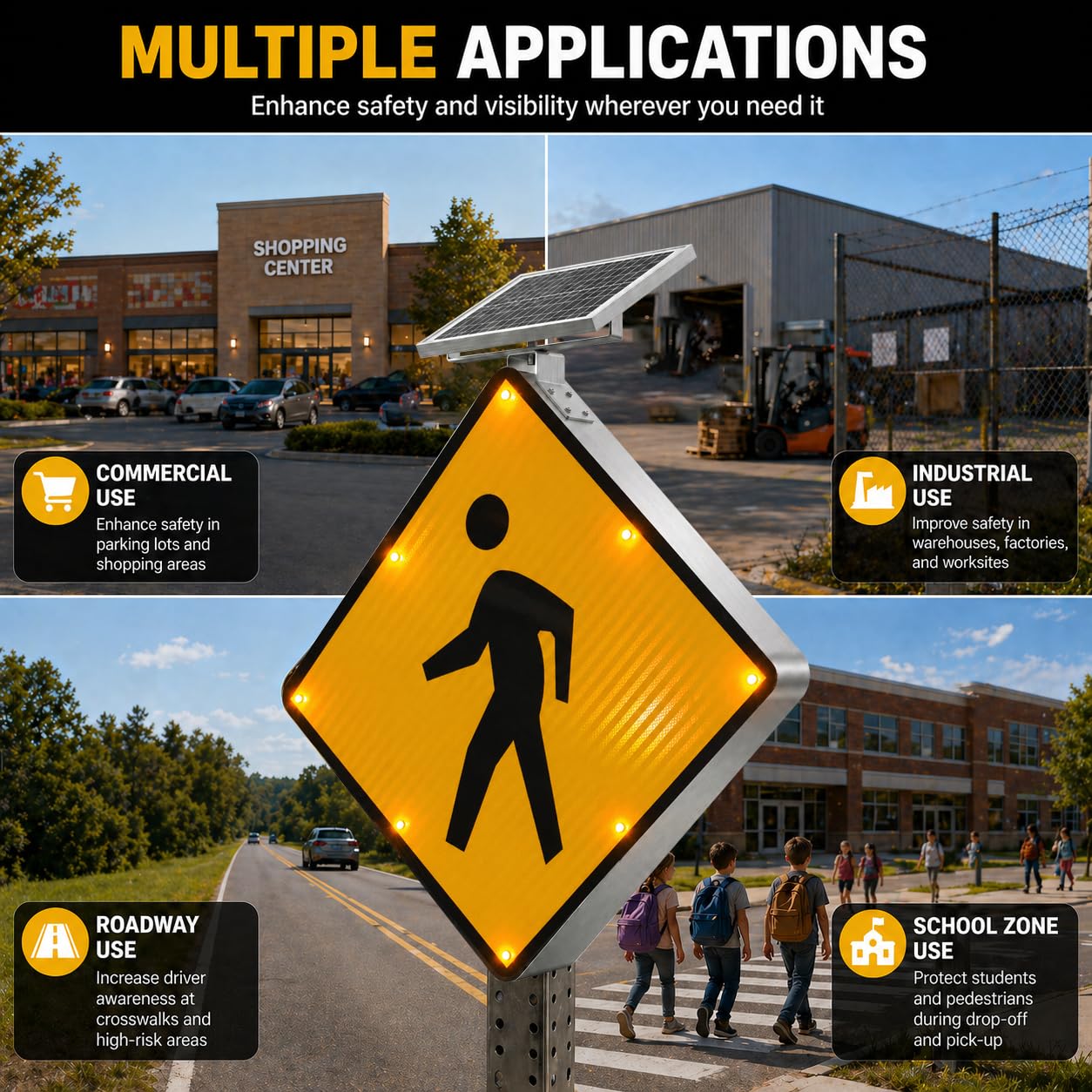 GAJTTR 24" Solar Powered LED Pedestrian Crossing Sign, High Visibility Flashing Crosswalk Sign with 8 Blinking LEDs, Engineer Grade Reflective Film, Heavy Duty Aluminum Metal Frame for Schools, Driveways & Communities (Yellow)
