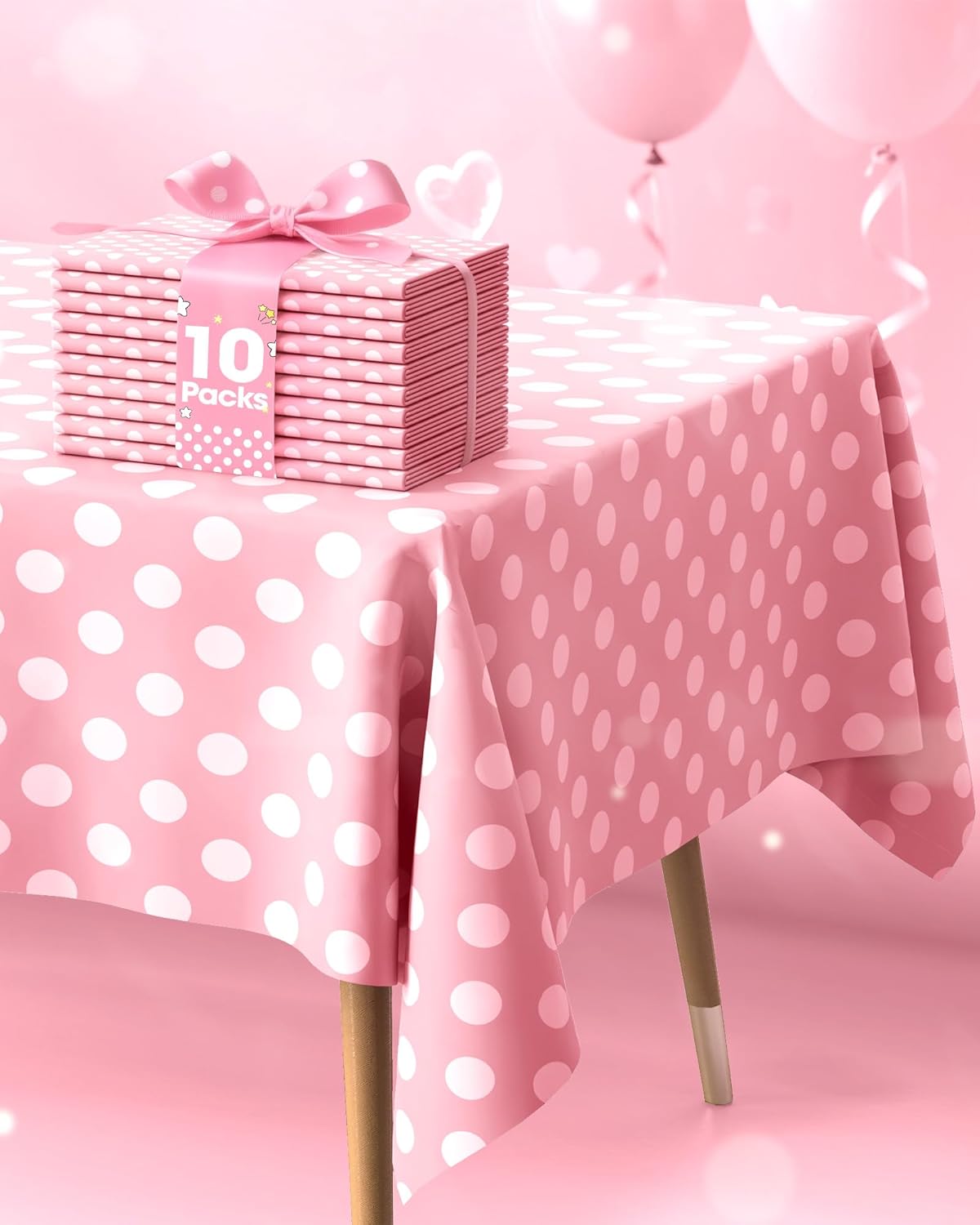 Pureegg Disposable Plastic Tablecloths - 10 Pack, 54 x 108 Inch, Pink Polka Dot for Parties & Events