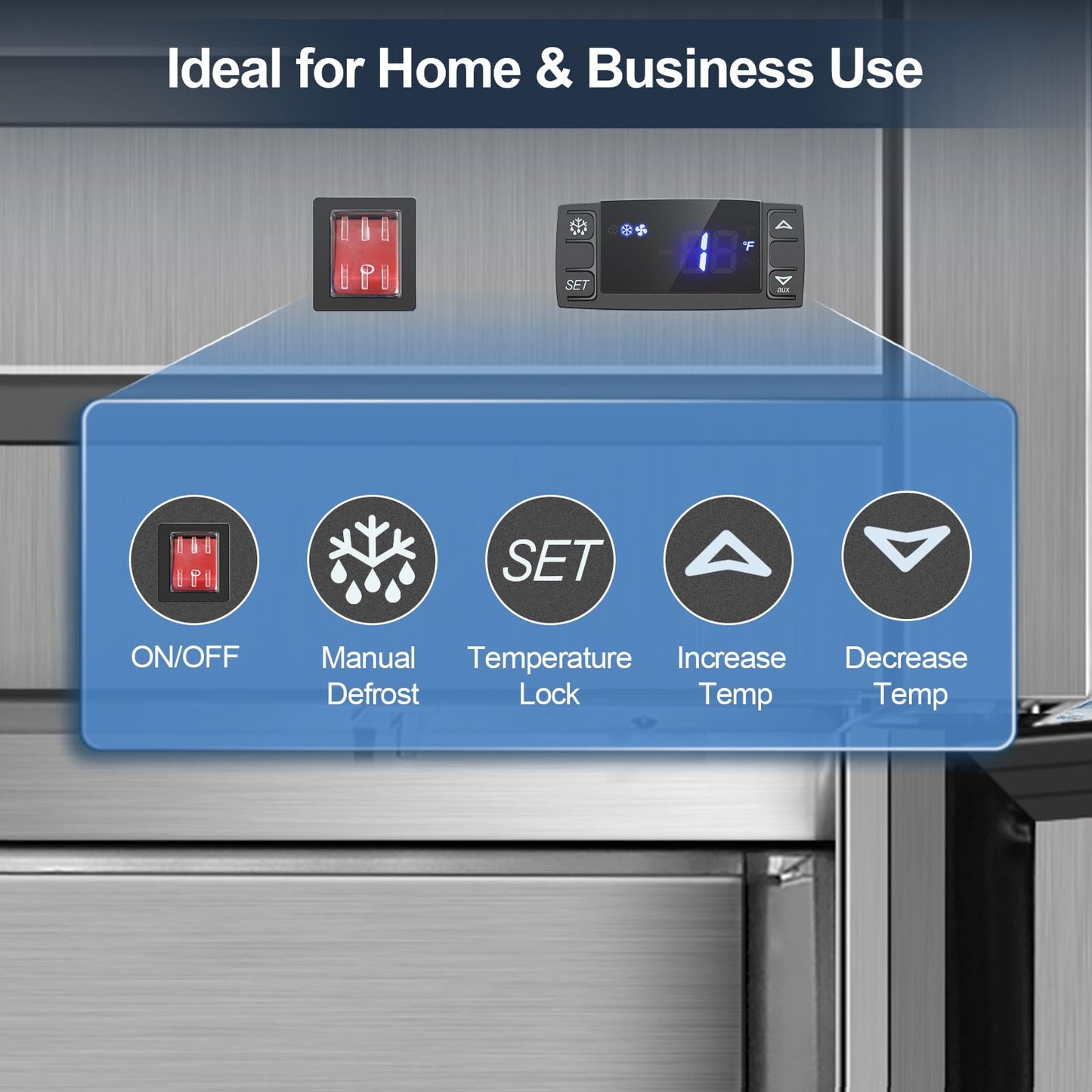Tylza Commercial Refrigerator and Freezer Combo, 48" W Dual Temperature Zones, All Stainless Steel Design, 770L 6 Adjustable Shelves Refrigerator and Freezer Combo for Restuarant, Shop, Garage, etc