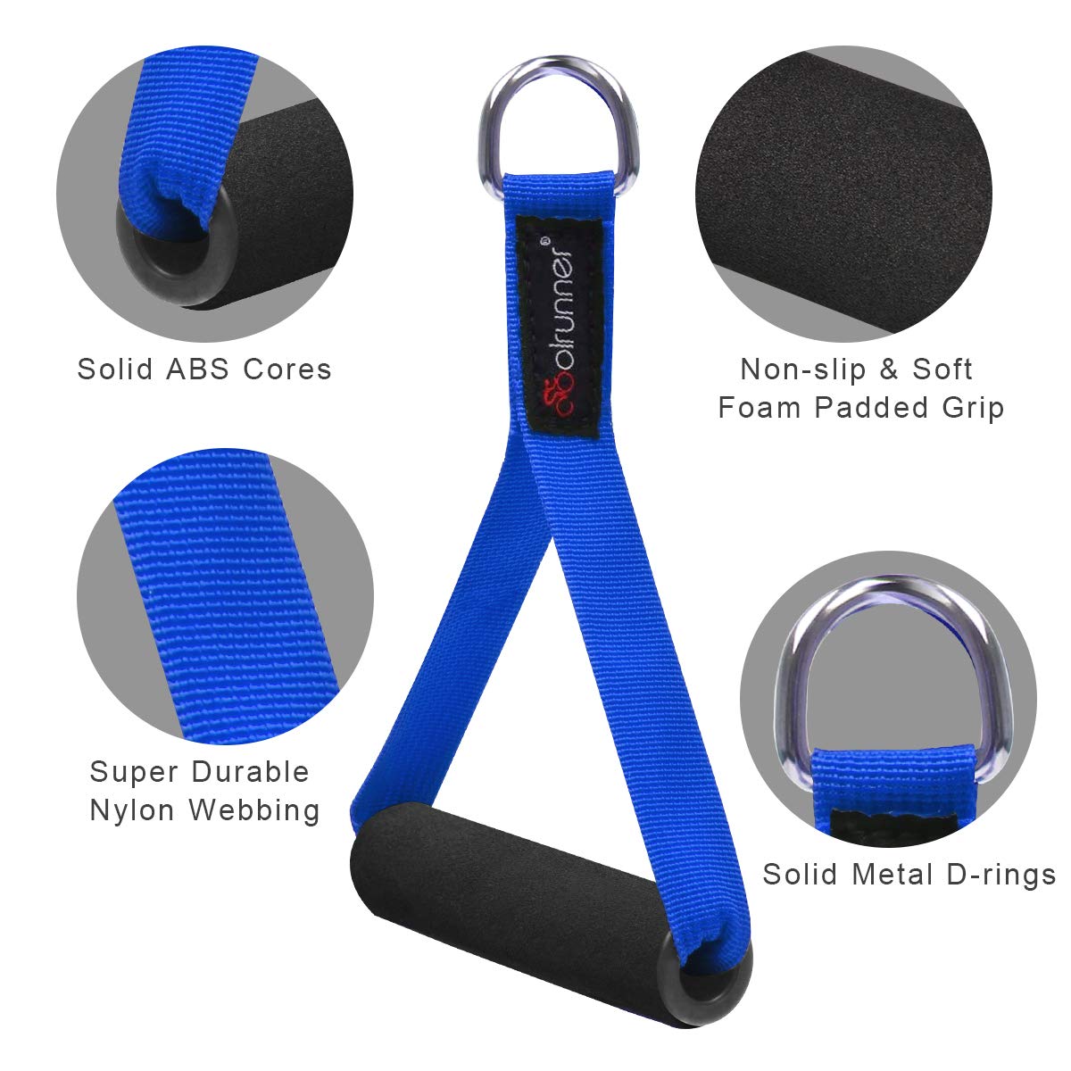 Coolrunner 2 Pair Resistance Band Handles Grips Fitness Strap Wide Design Heavy Duty Cable Handles with Solid ABS Cores, Heavy Gauge Welded D-Rings (4-piece Set) (Blue)