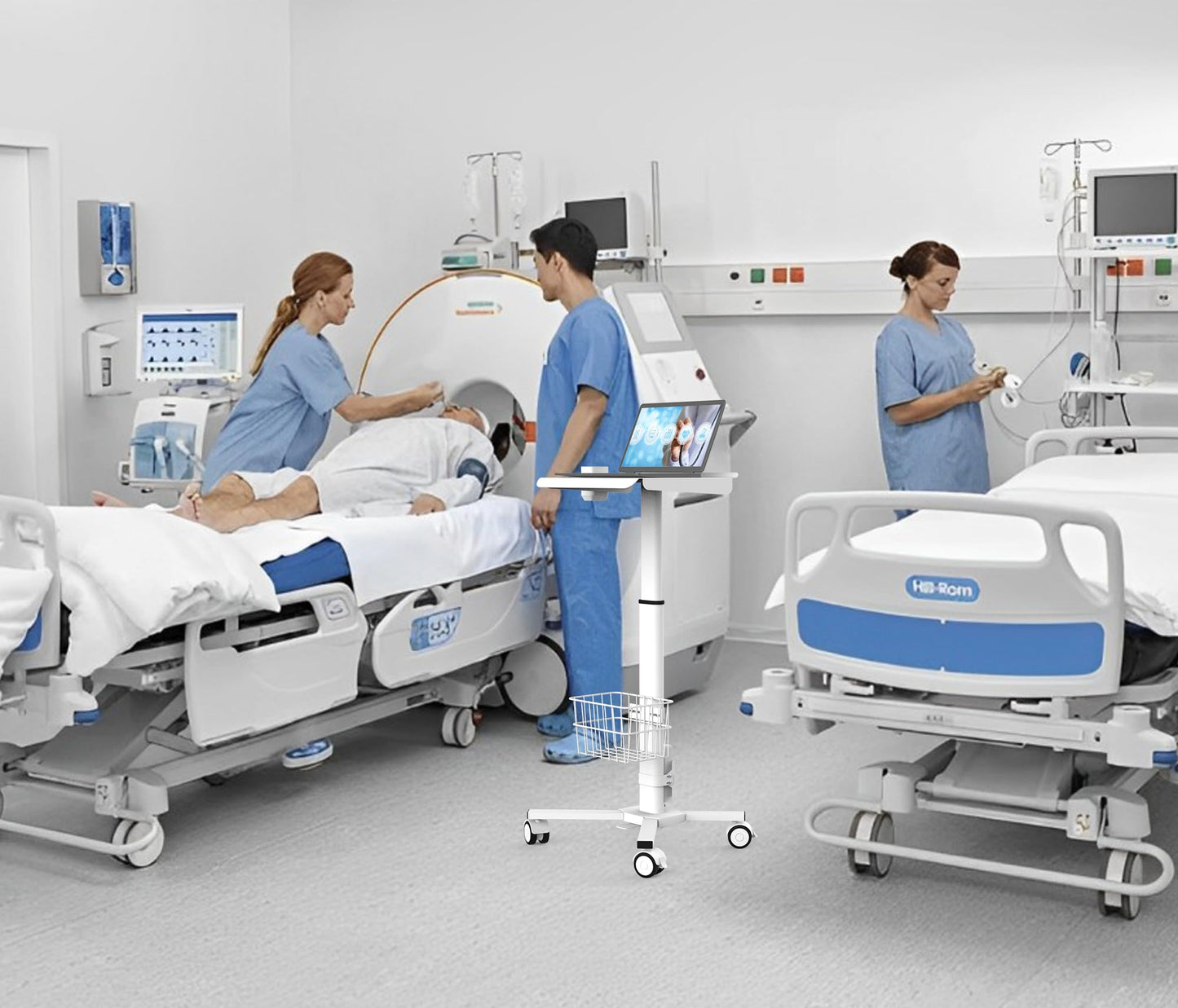 Mount Plus MB-C05 Medical Laptop Workstation Trolley Cart with Wheels, Oral Scanner Holder, Basket Storage | Height Adjustable Rolling Lab Cart with Large Tabletop for Dental Office, Hospital, Clinic