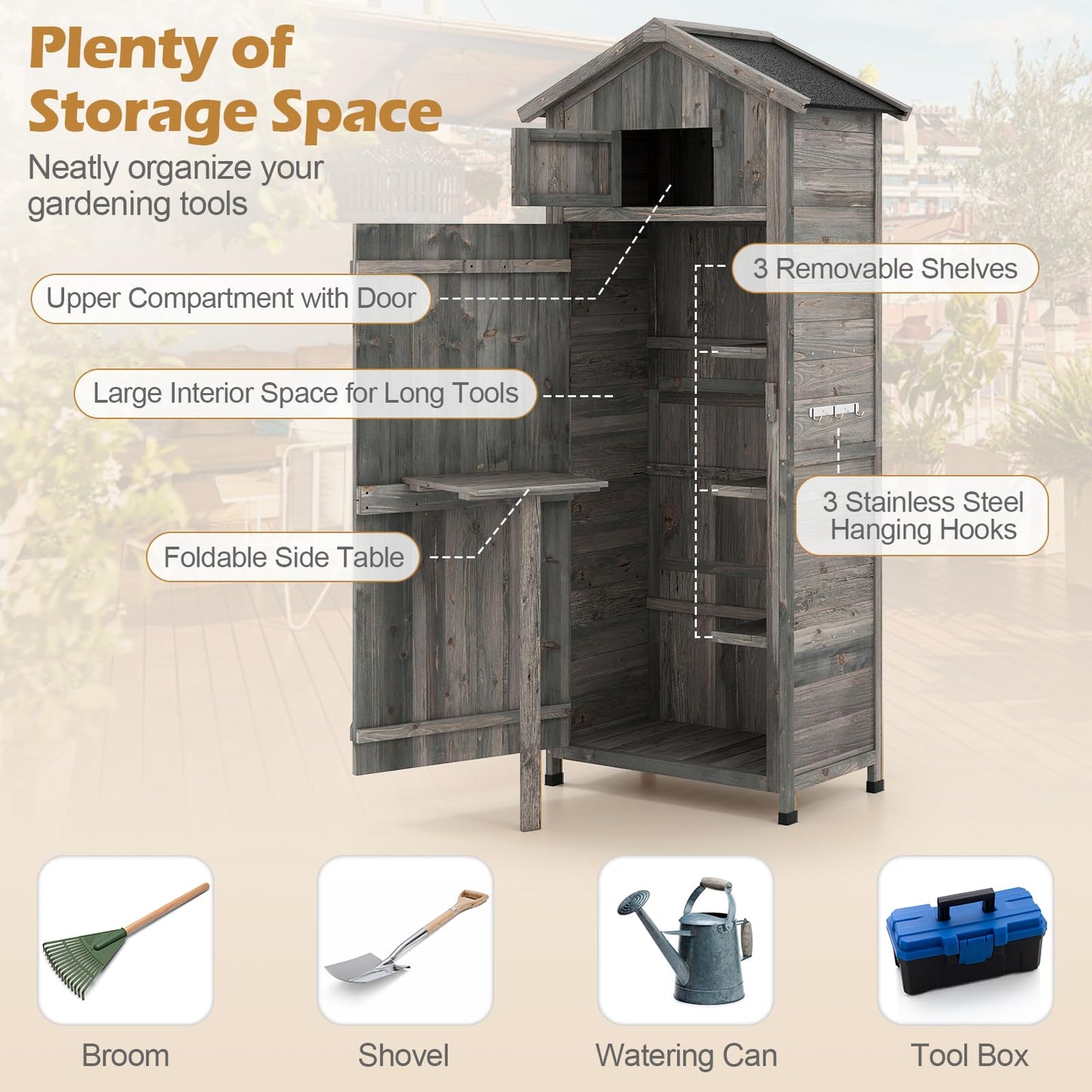 Goplus All-in-One Storage Shed, 70" Tall Wooden Lockable Cabinet w/Foldable Work Table, Vertical Utility Tool Organizer w/Shelves & Hooks, Waterproof Garden Shed for Patio Backyard (Gray)