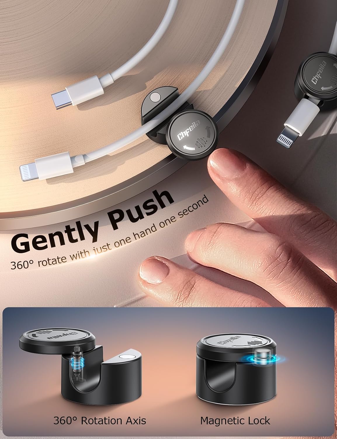 Chfeila 16Pack [360Rotating Cord Organizer, Twist-Lock] Magnetic Cable Management Clips, Adhesive Phone Charging Keeper