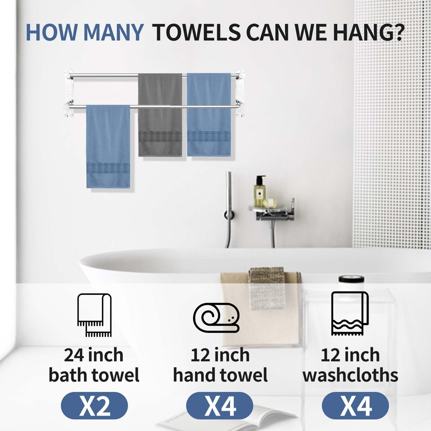 KAHCNVN Stainless Steel Double Towel bar,adjustable16-28IN Double Towel Racks for Bathroom Wall Mounted,Suitable for Bathrooms and Kitchens