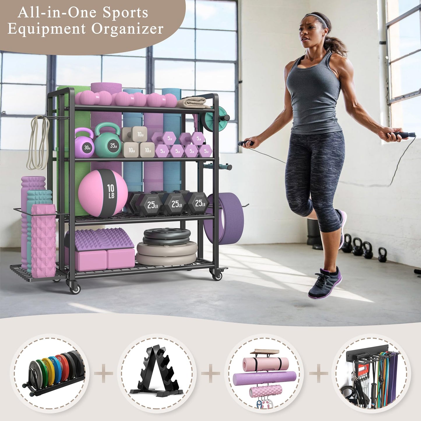 4-Tier Dumbbell Rack Stand Only, Adjustable Weight Rack for Dumbbells Kettlebells Yoga Mat, Home Gym Storage Rack with Wheels and Hooks, Powder Coated Finish (Large)