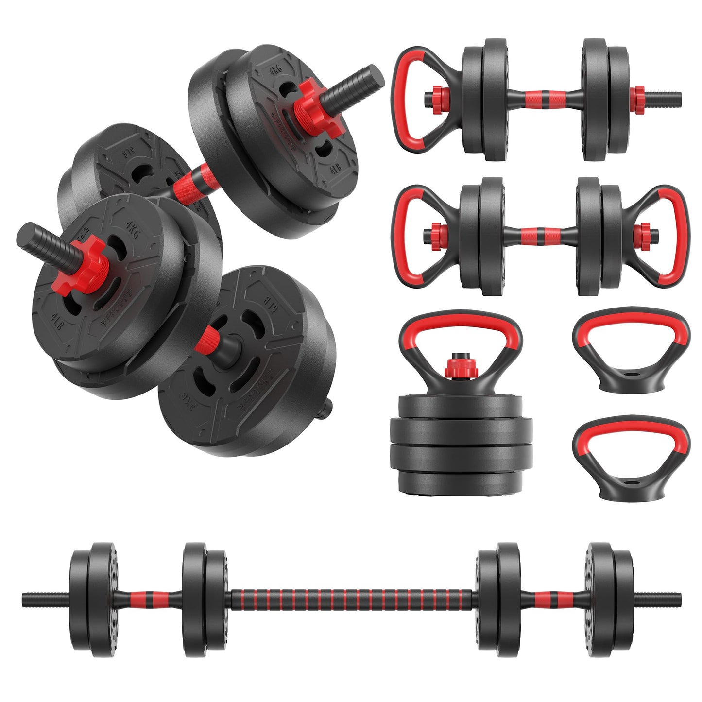 Fitvids Multi-Functional Changeable Dumbbell and Barbell Kettlebell Set with Adjustable Weights, 40LBS, 4 in 1