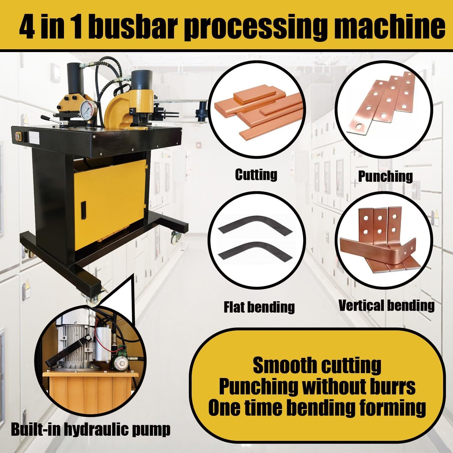 BEILOCKERY Hydraulic Busbar Machine,4-in-1 Copper Aluminum Bus Bar Processor for Cutting, Punching, Flat & Edge Bending, 110V Busbar Machine for Switchgear/Electrical Panel Fabrication