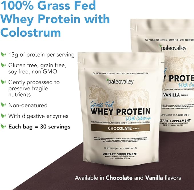 Paleovalley 100% Grassfed Whey Protein Powder with Colostrum, 13g Protein, Chocolate, Muscle Building, Immune Support, Gut Health