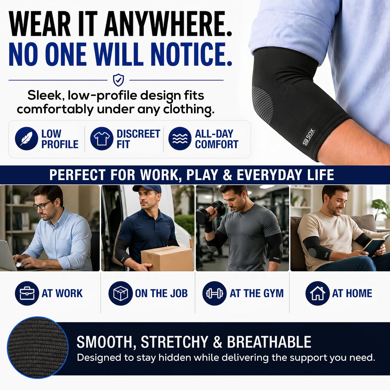 SB SOX Compression Elbow Brace (Pair) – Great Support That Stays in Place – for Tennis Elbow, Tendonitis, Arthritis, Golfers Elbow – Perfect for Weightlifting, Sports, Any Use (Black/Gray, Large)