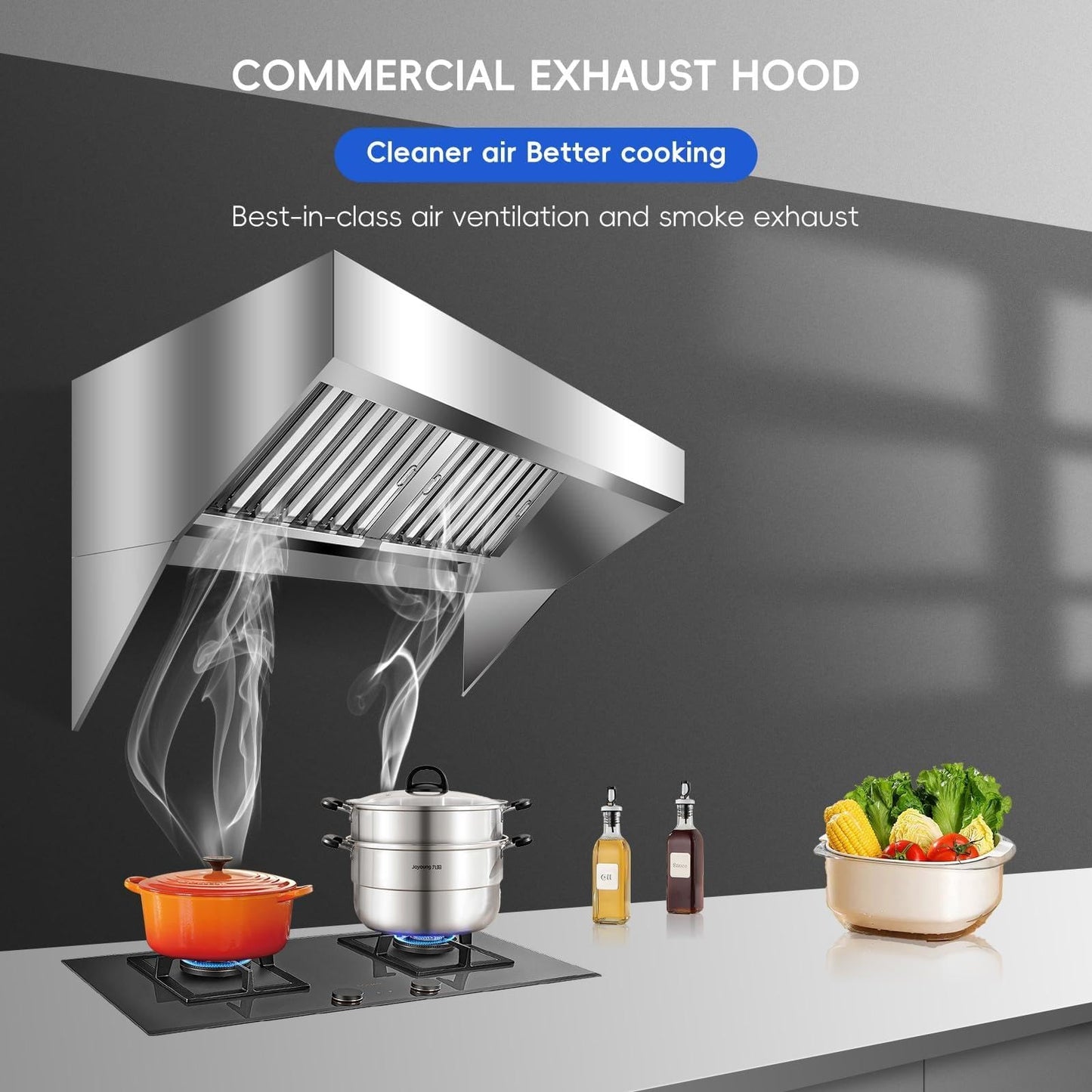 7FT Heavy-Duty Commercial Exhaust Hood – 201 Stainless Steel Wall-Mount Kitchen Ventilation with 4 Detachable u-Shaped Grease Filters, Rust-Resistant for Restaurant, Food Truck, Concession Trailer & c