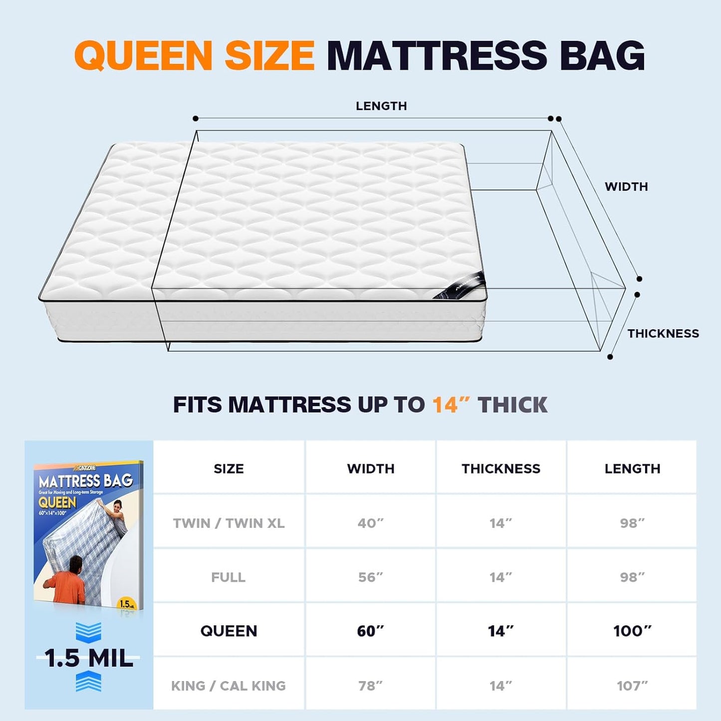 Plastic Mattress Bag - Waterproof Mattress Protector for Moving Supplies | Queen Size (1.5MIL)