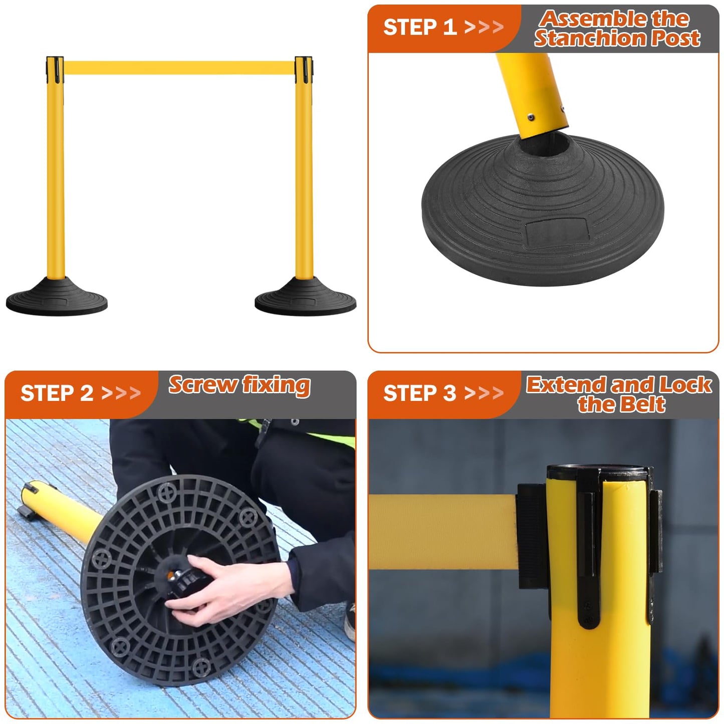 OranclUS 6 Pack Yellow Crowd Control Stanchions with 10FT Belts and Rubber Base, Queue Barrier Posts for Events, Stores, and Public Safety