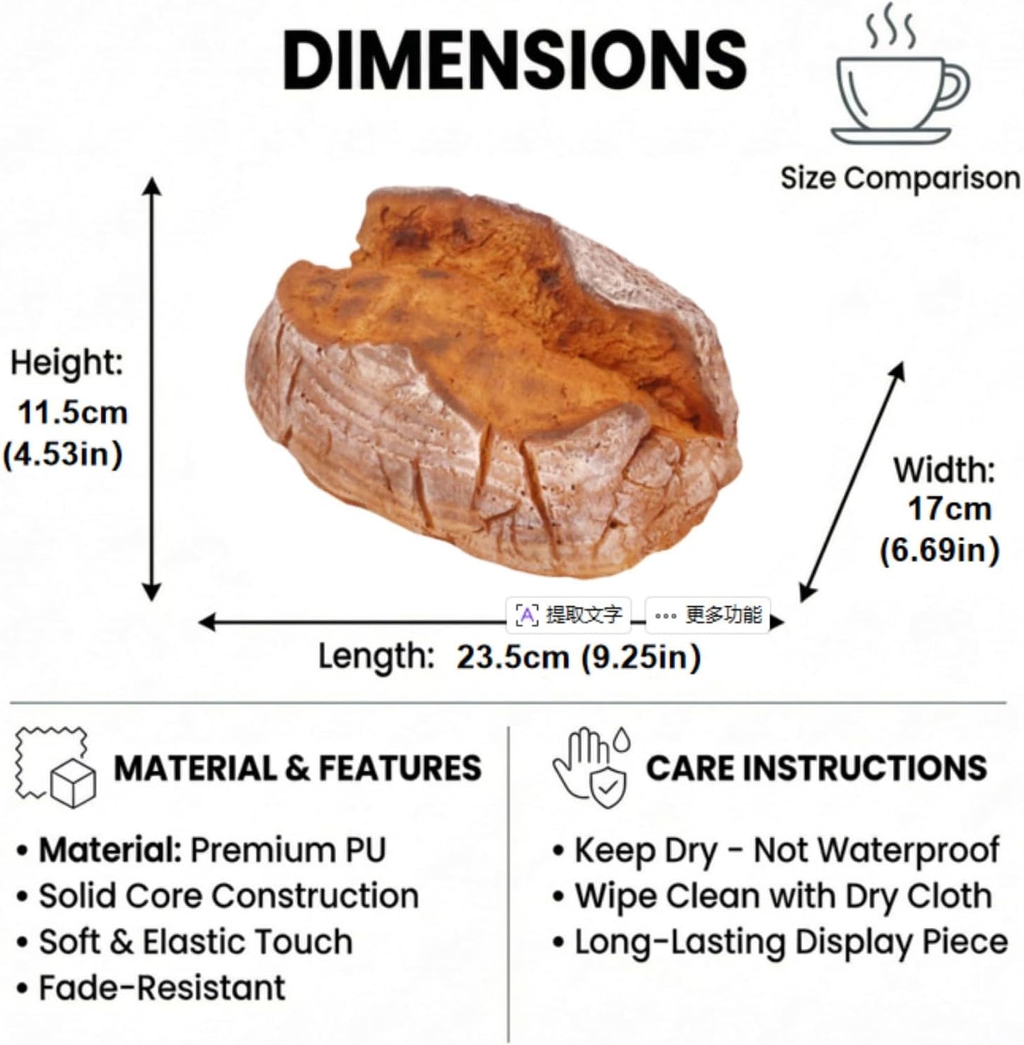 Generic (B22) Realistic Fake Bread for Store Sample Display, Highly Simulated PU Artisan Loaf for Retail Shelves