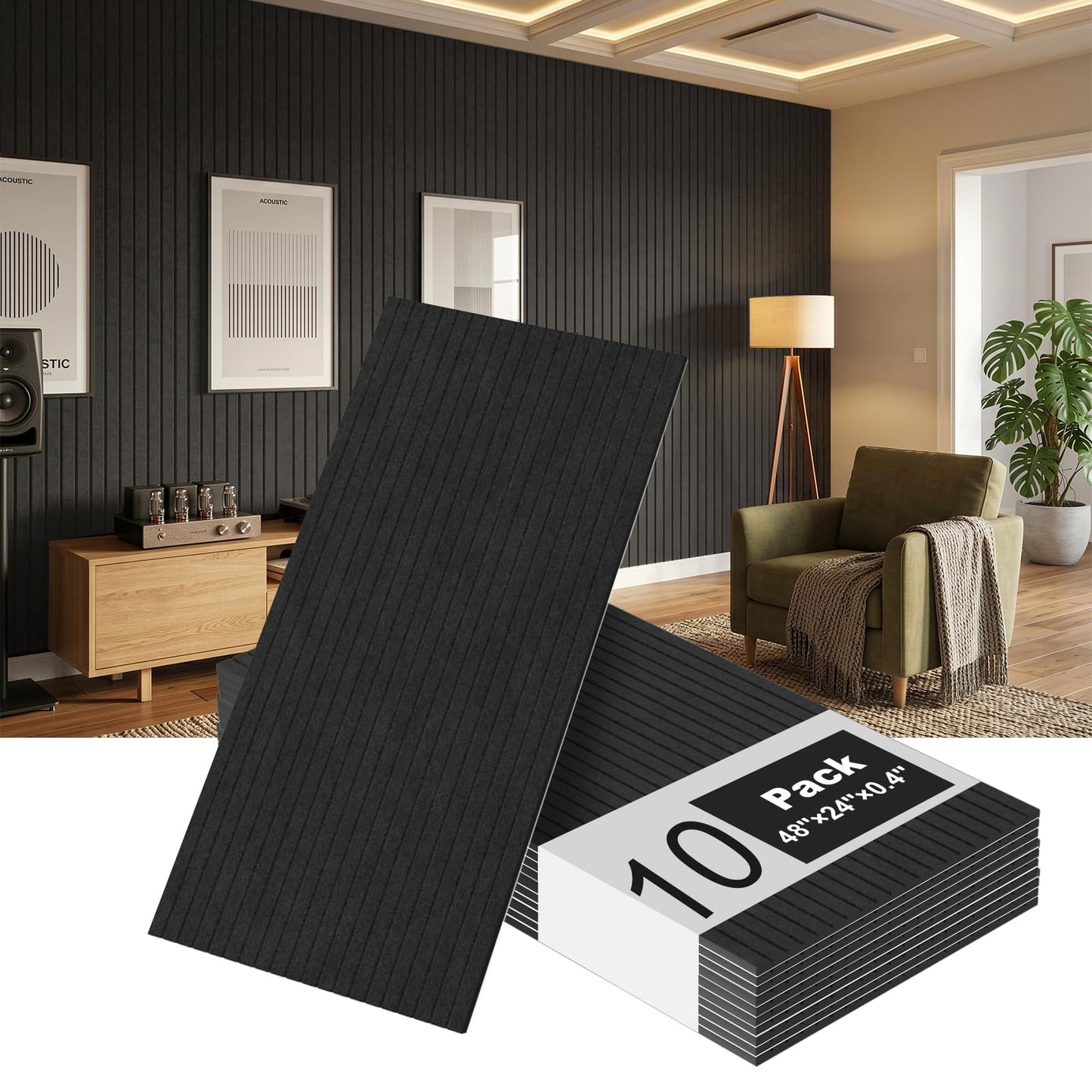 10 Pack Acoustic Panels, 48 x 24 x 0.4 Inches Large Sound Proof Panel for Walls, High Density Noise Dampening Wall Panels, Self-Adhesive Soundproof Panel for Recording Studio, Home, Office (Black)