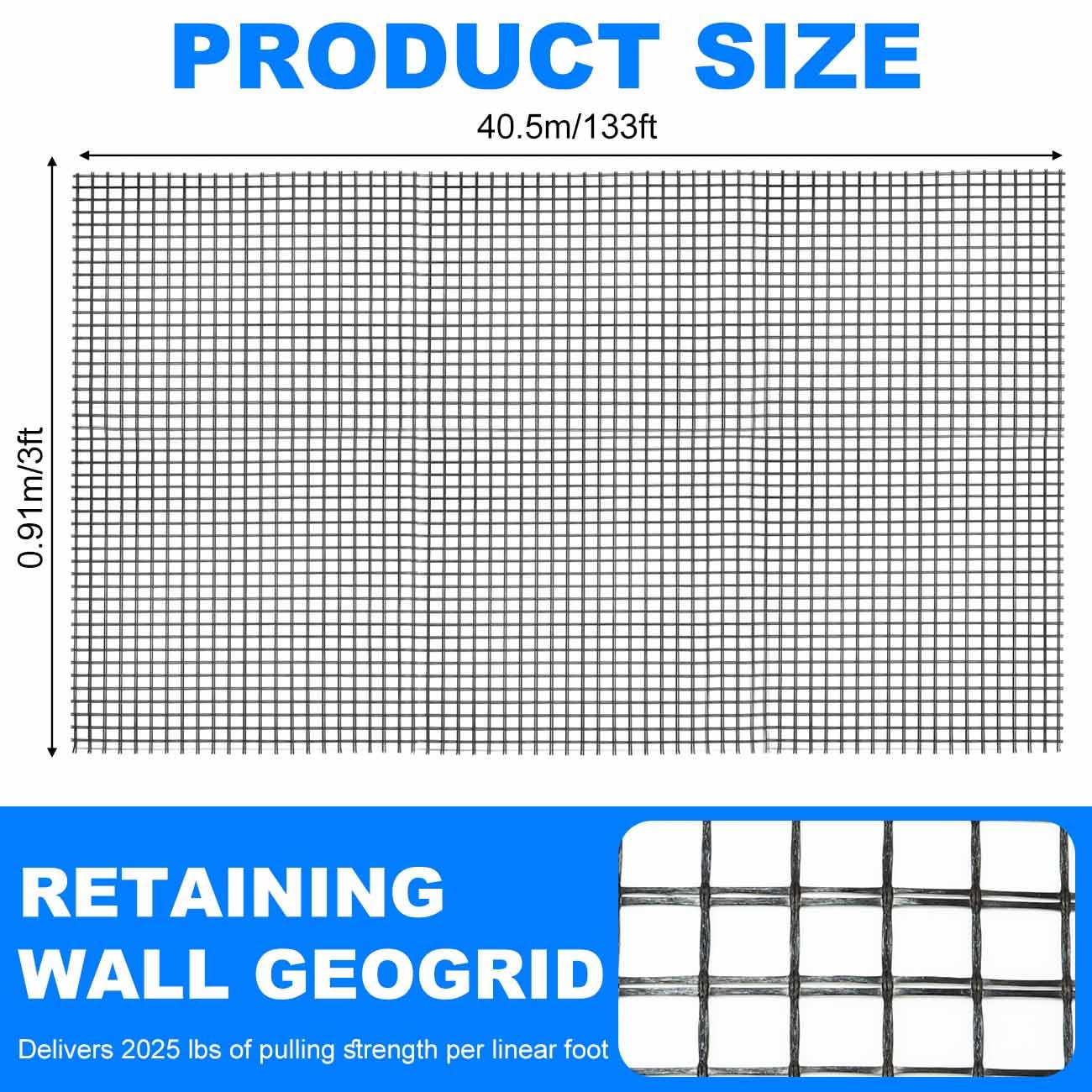 Universal Retaining Wall Geogrid Roll, Fiberglass Geogrid, Gravel Driveway Stabilization Geo Grid, 50KN Tensile Strength for Retaining Walls, Slope Reinforcement, Pavement Crack (3FT x 133FT)