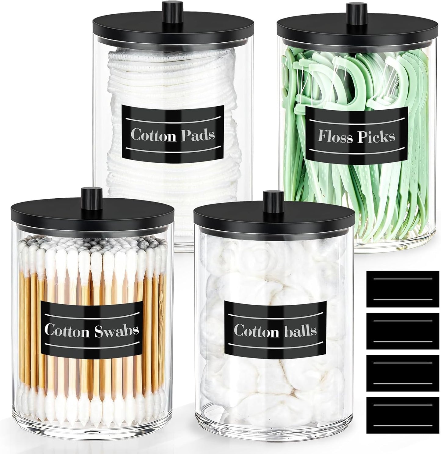 Skiennix 10 Oz Acrylic Qtip Holder - Clear Bathroom Canister Set with Labels for Organized Vanity Storage