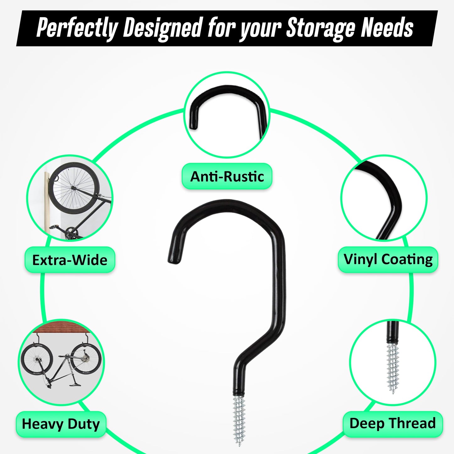 Etoolia 6 Pack Heavy Duty Garage Bike Storage and Utility Hooks-5.7 Inches for Garage Wall and Ceiling-Garage Hooks for Hanging Bicycle,Hose,Cords,and Garden Tools