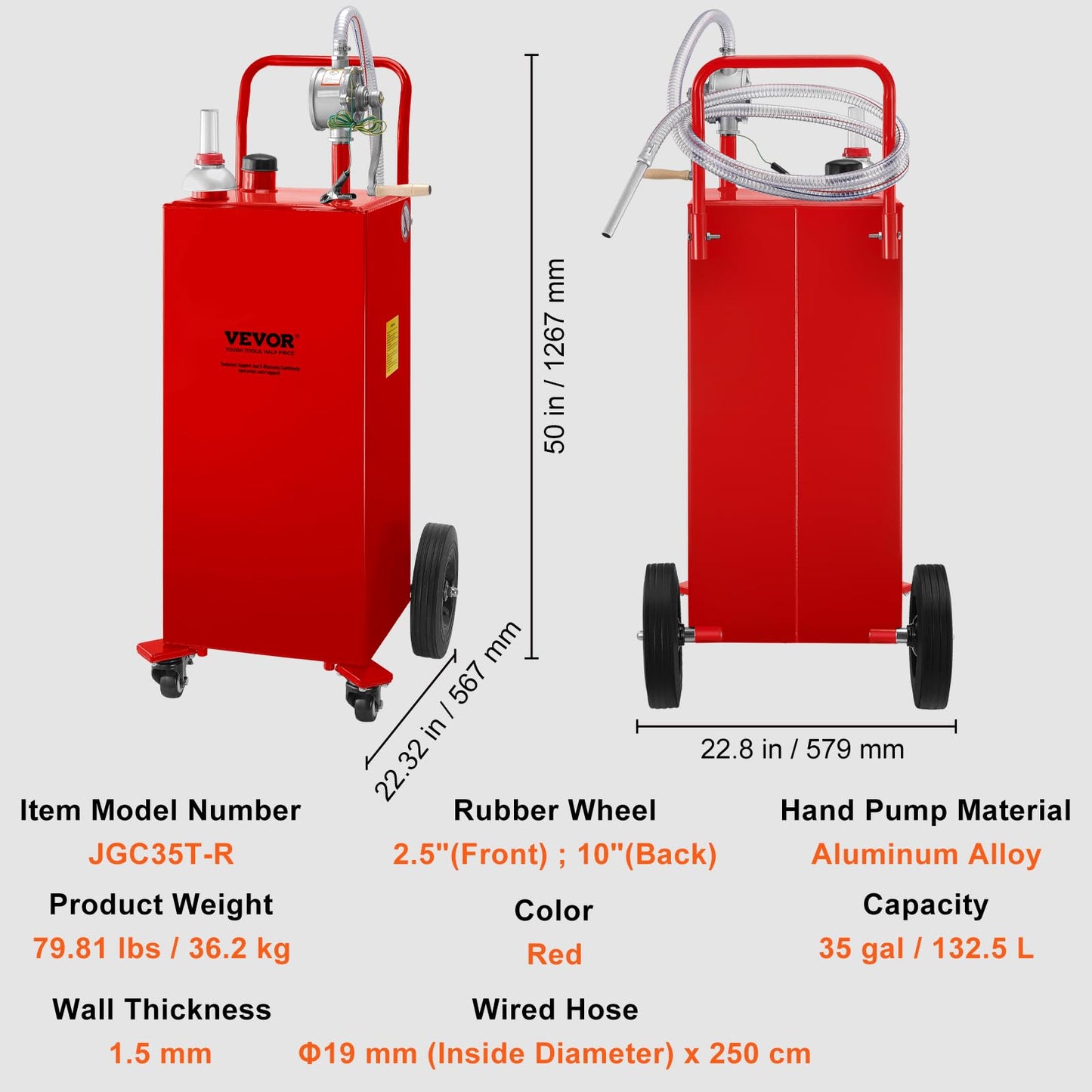 VEVOR Fuel Caddy 35 Gallon, Gas Storage Tank on 4 Wheels, with Manual Transfer Pump, Gasoline Diesel Fuel Container for Cars, Lawn Mowers, ATVs, Boats & More, Red