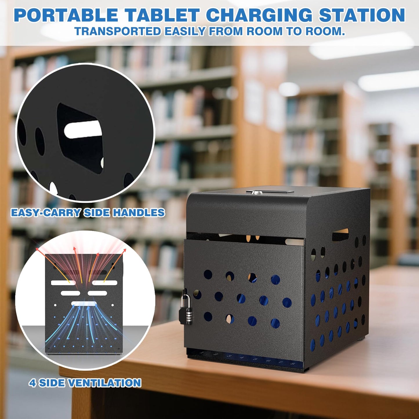 POCHAR 8-Device Chromebook Charging Cabinet for Classroom - Laptop Lock Box for iPad Tablet Fits 14" Screen - Portable Locking Charging Station for Schools, Offices, Hospitals (Black)