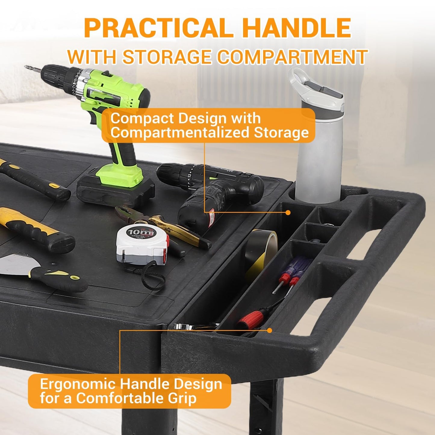 Large Heavy Duty Plastic Utility Service Cart Flat top 45.8 x 25 Inch, Work Cart Flat Shelves Holds up to 550 lbs - 2 Tier Service Cart with 360°Swivel Wheels (2 with Brakes) Black