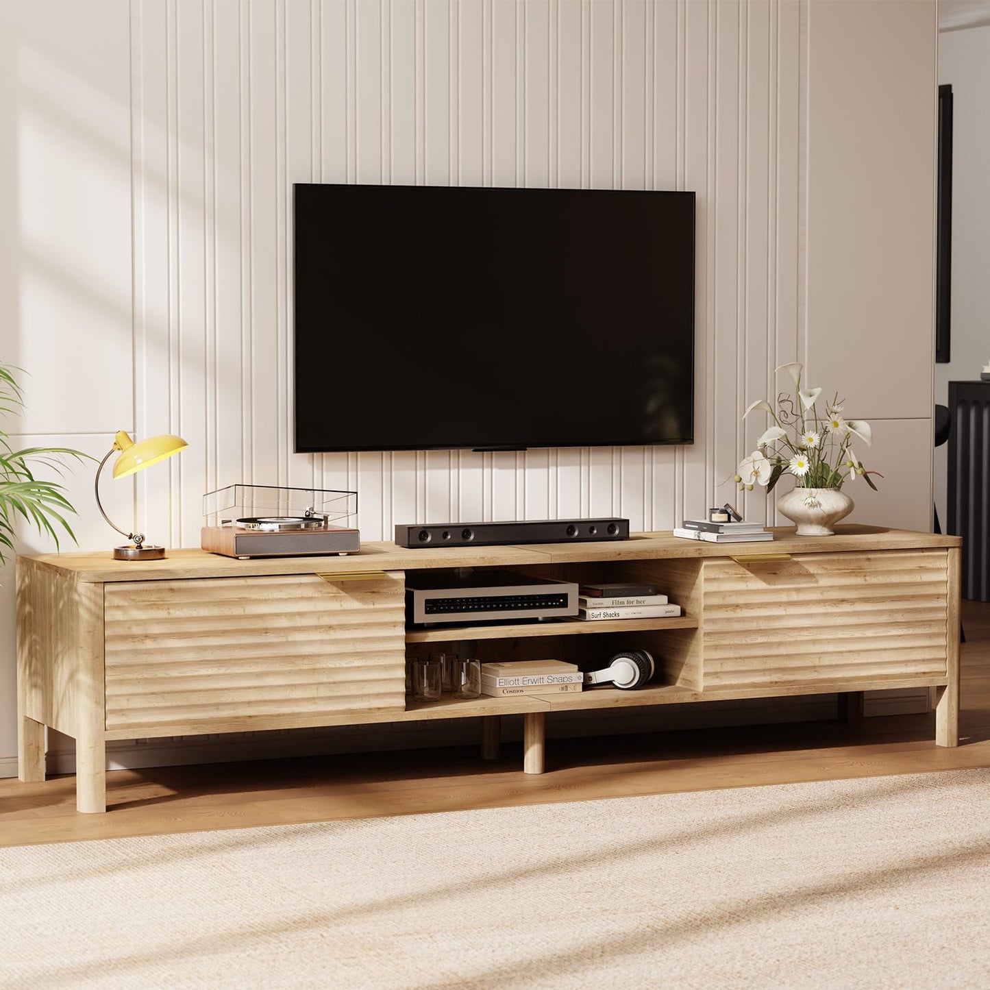 IKALIFE TV Stand for Living Room - up to 80 Inch TVs Mid Century Modern Entertainment Center with Storage and Adjustable Shelves, Media Console Table Oak 71"