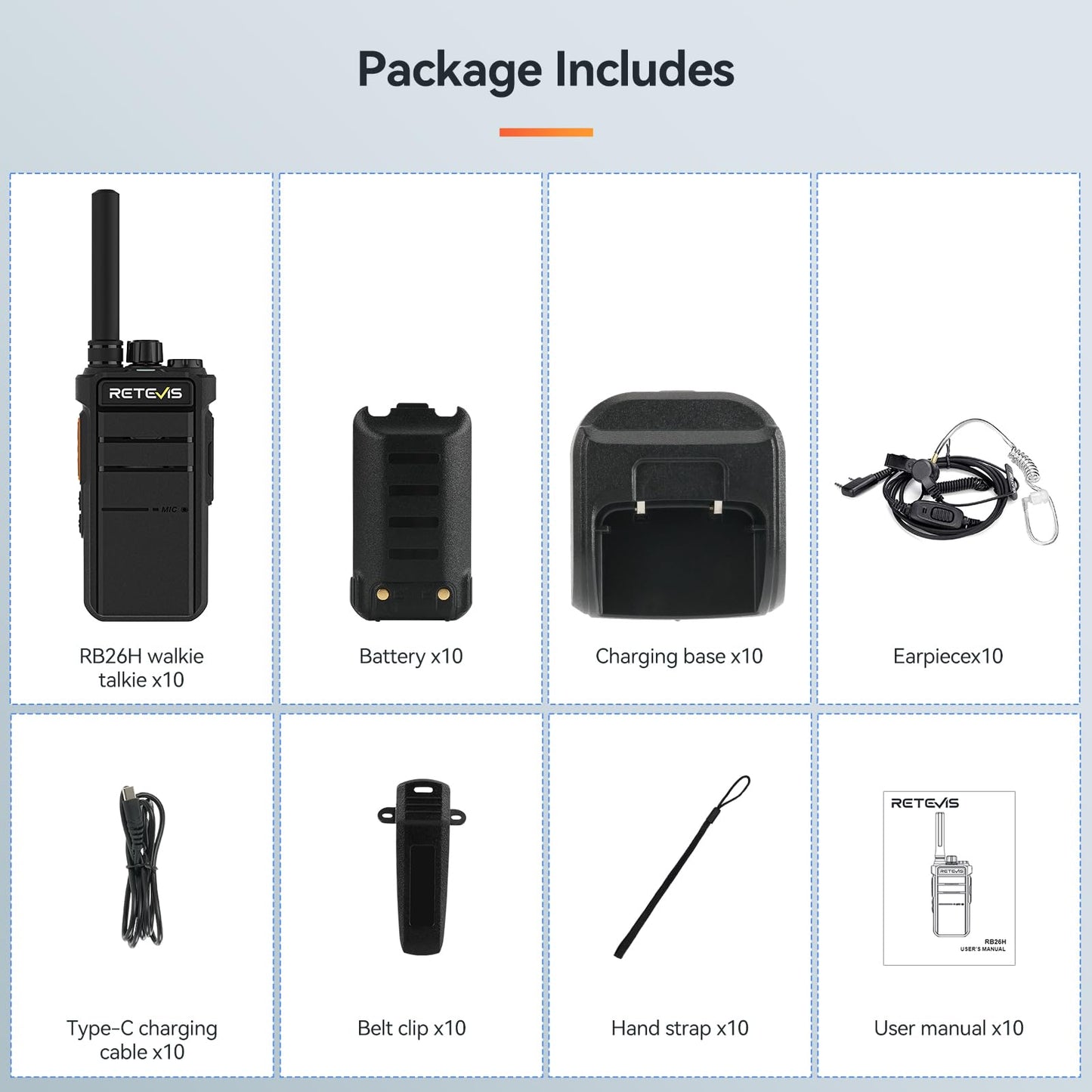Retevis RB26H 2 Way Radio Long Range,Commercial Walkie Talkies with Earpieces,2000mAh 21-Hrs,USB-C,Flashlight,NOAA,GMRS Repeater Capable,Two-Way Business Radios for Healthcare Retail Security(10-Pack)