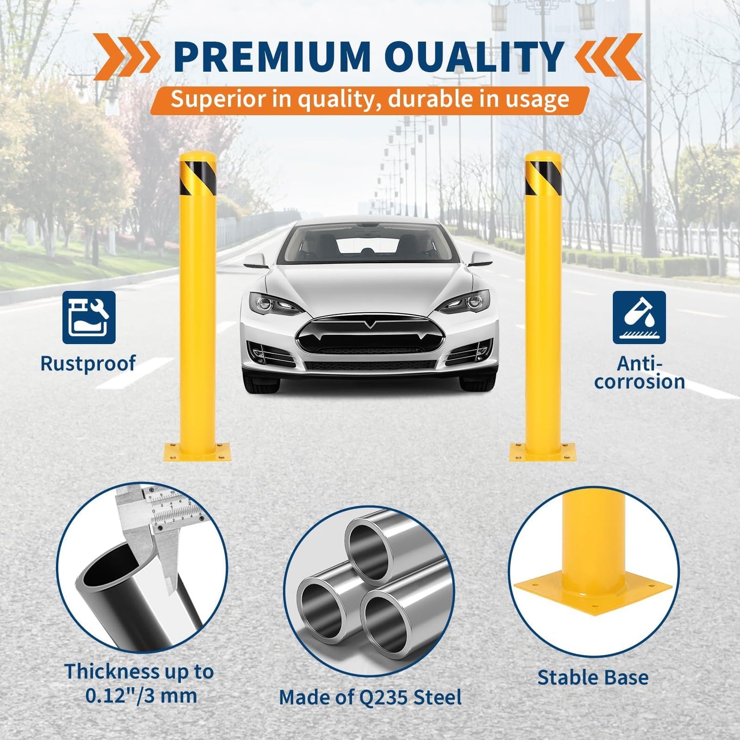 Safety Bollard, 42" Height 4.5" Diameter Steel Post with Anchor Bolts, Yellow Traffic Bollard for Property Protection & Parking Lots (6 Pack)