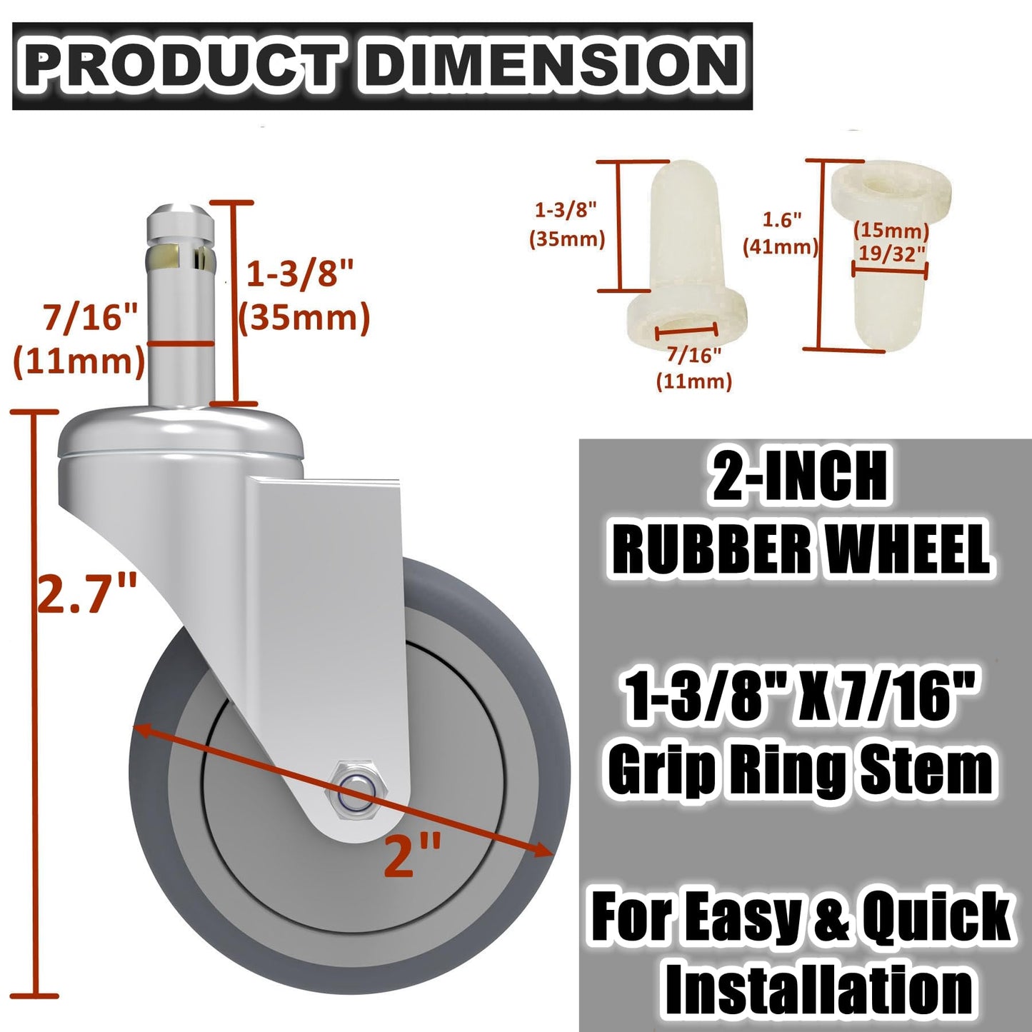 RILIDRI 2-Inch Swivel Stem Caster, 7/16-Inch Stem Diameter Rubber Wheel, Thermoplastic Rubber TPR Replacement Wheels for Weber Grill Shop Vac - 4 Pack