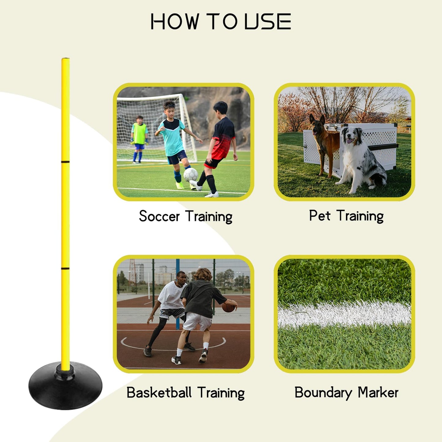 TNZMART 3.9FT Detachable Speed Agility Poles Agility Training Poles Set Adjustiable Height Soccer Poles with Rubber Base (Pack of 4, Yellow)