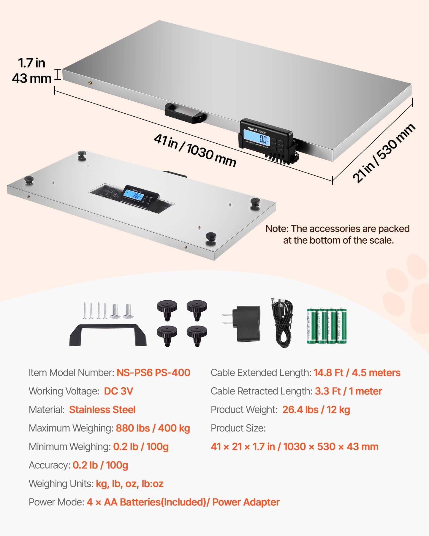 VEVOR 880Lbs x 0.2Lbs Livestock Scale Shipping Scales Large Platform 40.6x20.9Inch Stainless Steel Vet Scale Industrial Floor Scale Large Animal Dog Pig Scale Goat Weight Scale Pet Digital Scale