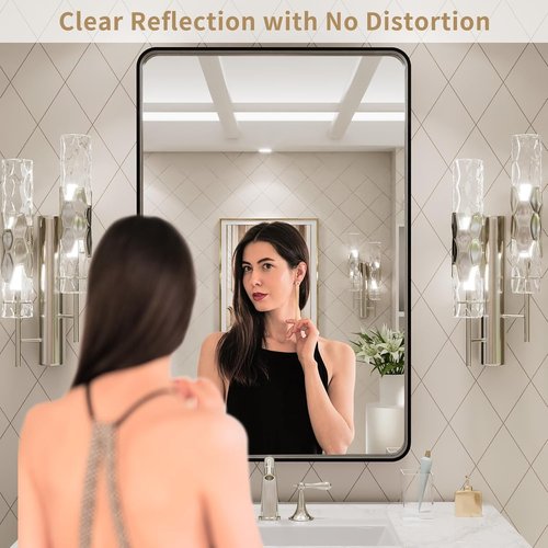 LOAAO Black Metal Framed Bathroom Mirror - 20x30 Inch Rounded Rectangle | Anti-Rust, Versatile Hanging Options