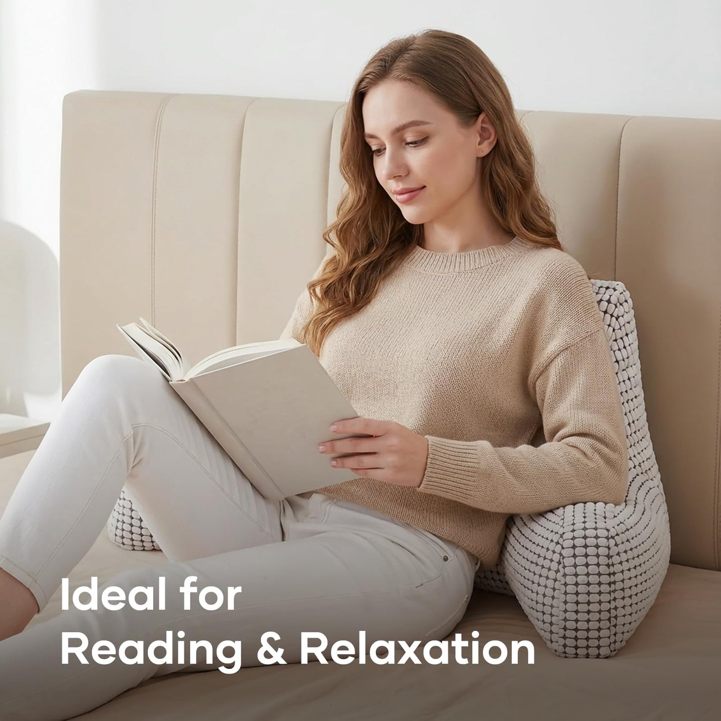 NOONTIDE Reading Pillow with Top Handle,Uniquely Designed Soft Fabric, Ergonomic Back Support for Bed,Cover Washable Sit up Pillow,Watching TV/Gaming/Relaxing(White)