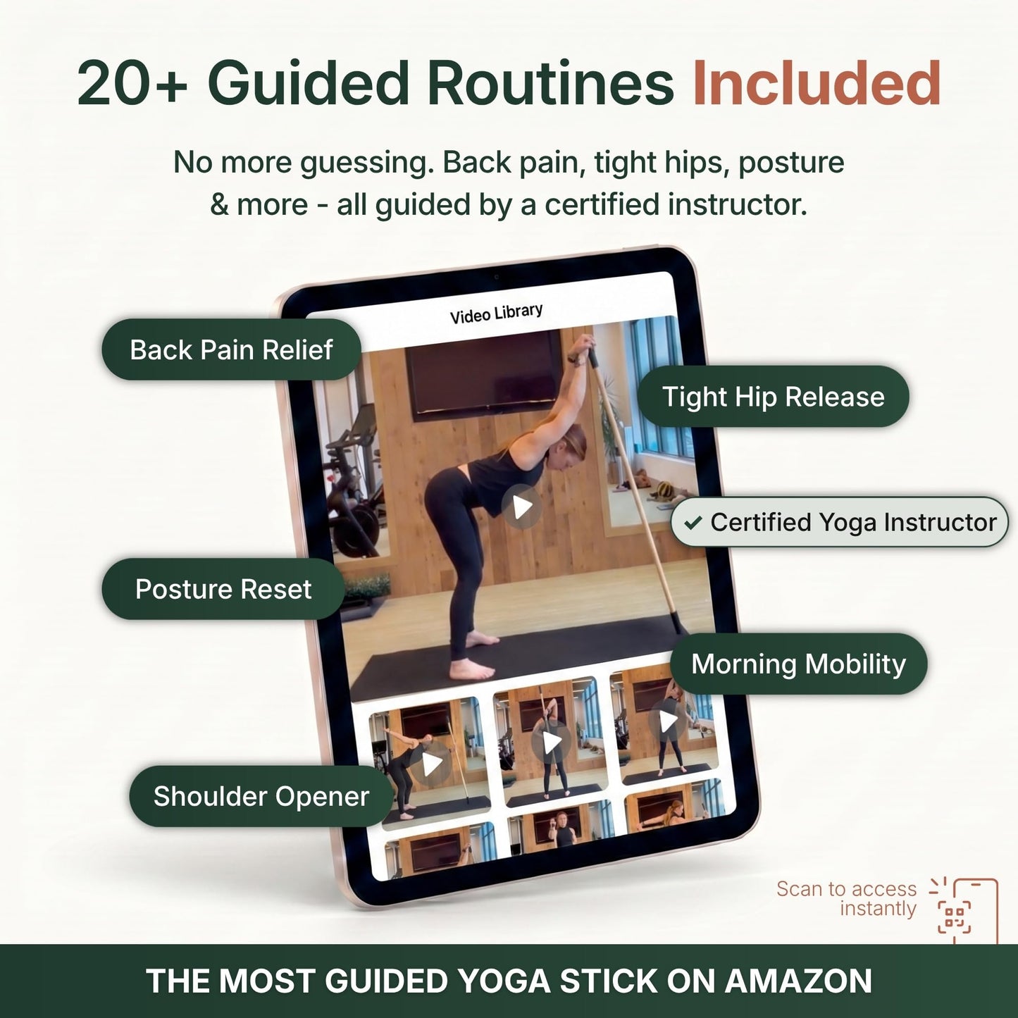 Yoga Stick - 5ft Bamboo Stretching Stick for Mobility, Flexibility, Balance with 20+ Video Tutorials, Stretching Equipment, Exercise Stick for Stretching, Posture Corrector, Physical Therapy Dowel Rod