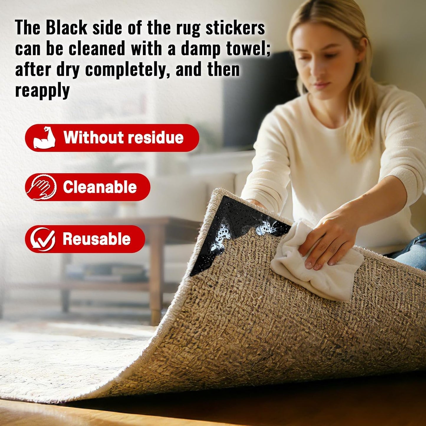 Skiennix Non-Slip Rug Grippers - Reusable Carpet Corner Stickers for Hardwood & Tile Floors | 8-Pack