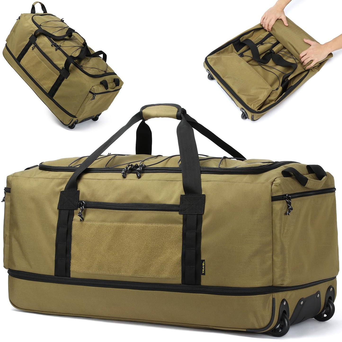 Laripwit Collapsible Duffle Bag with Wheels 130-170L Extra Large Expandable Travel Duffel Bag for Men Women Heavy Duty Military Duffle Bag for Camping Rolling Foldable Carry On Luggage, Brown