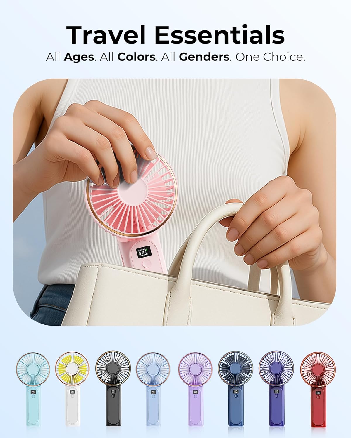 TUNISE Portable Handheld Fan - USB Rechargeable, 4000mAh Battery, 6 Speed Settings, 180° Adjustable